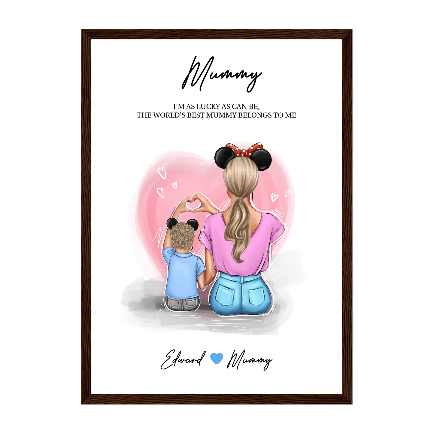 Framed print featuring customisable clipart of a mother and son, choice of mum-related titles, heartfelt quotes, and names. Dark brown wooden frame.