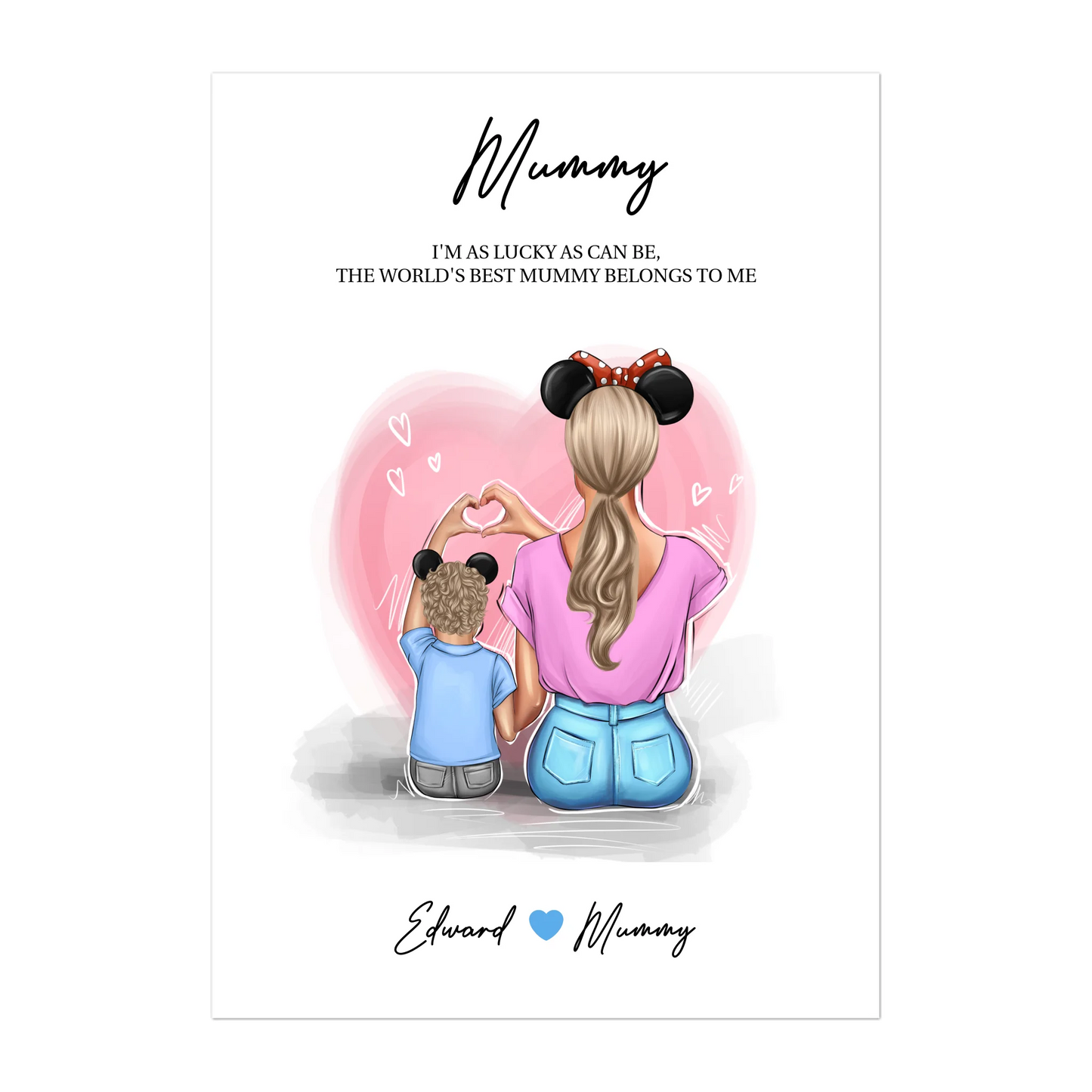 Digital print featuring customisable clipart of a mother and son, choice of mum-related titles, heartfelt quotes, and names. Instant download file.