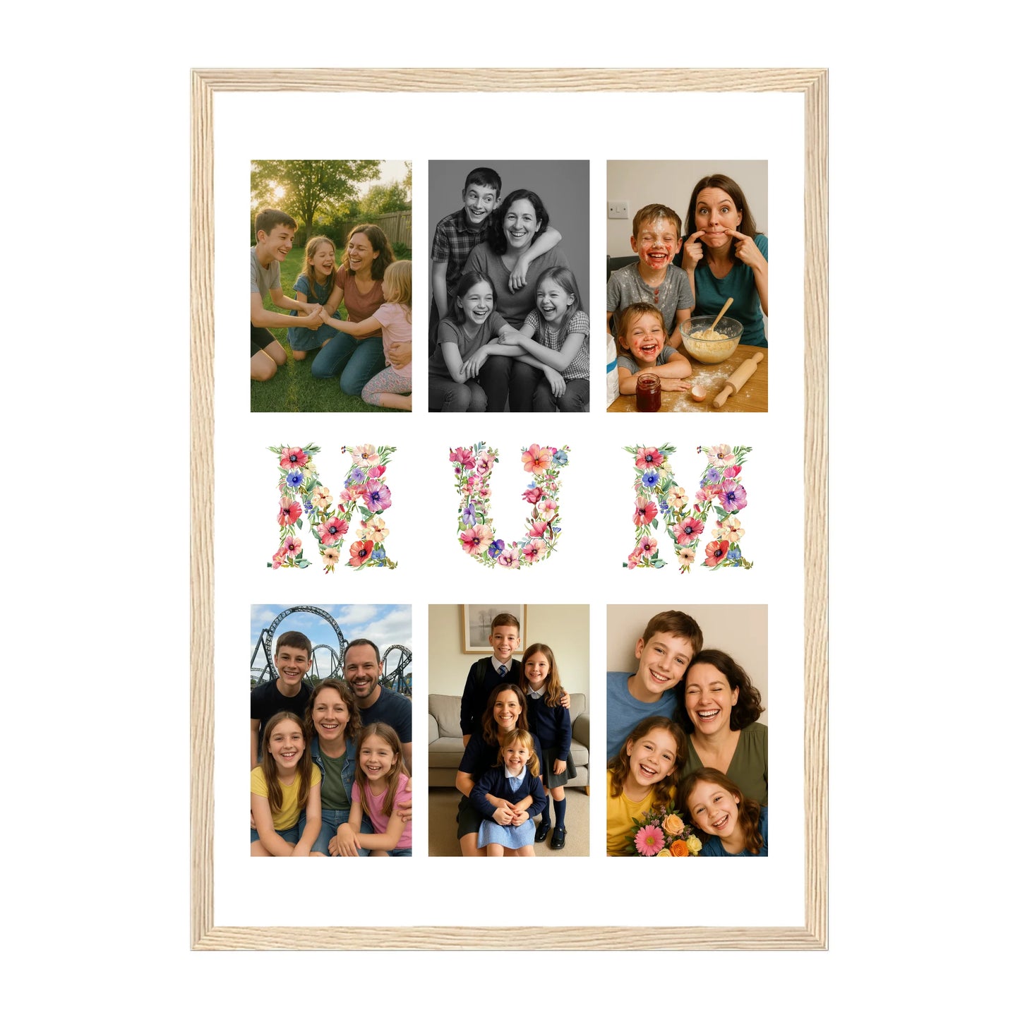 Personalised 6-photo collage framed print with 'Mum' or 'Mam' in vibrant floral text. Natural wooden frame.