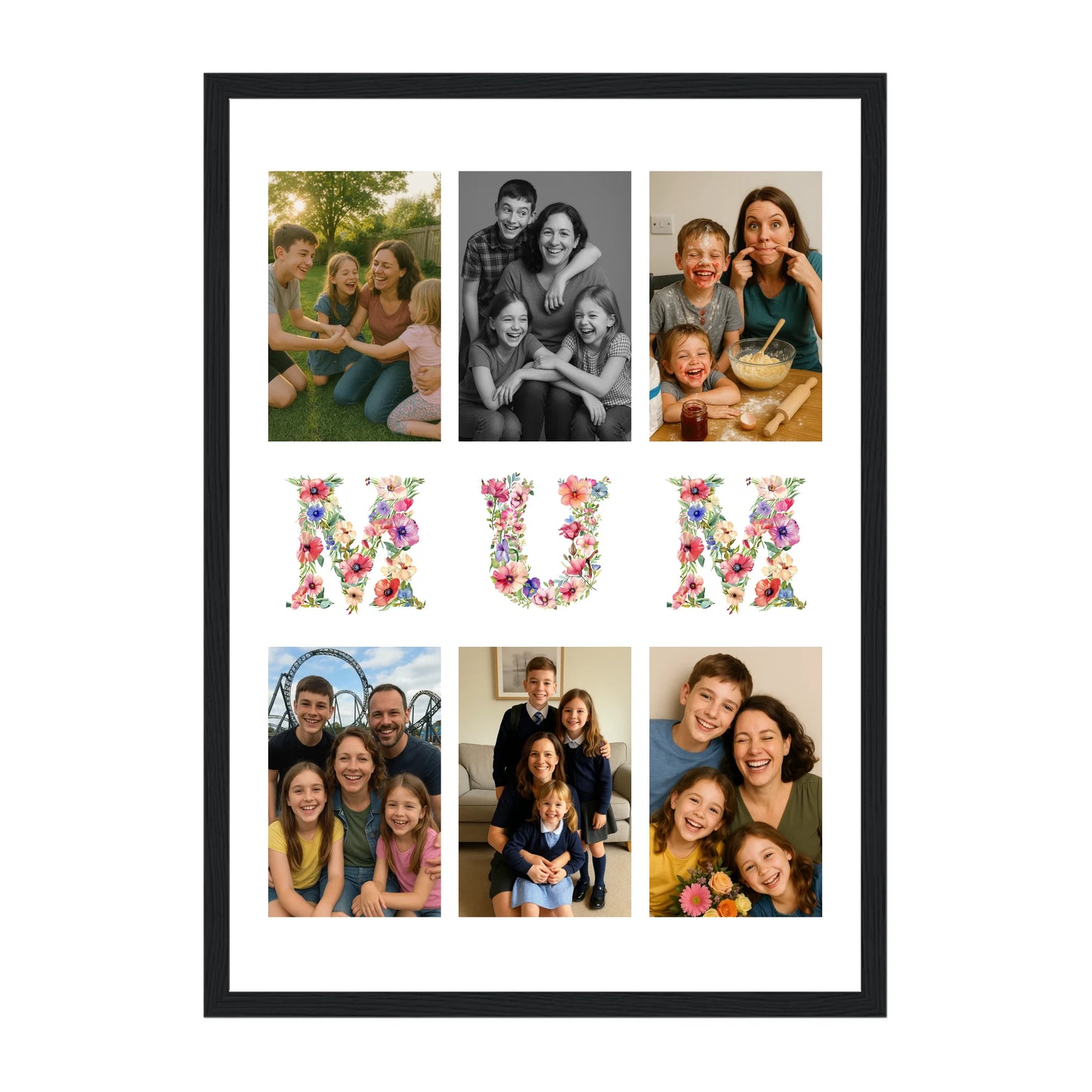 Personalised 6-photo collage framed print with 'Mum' or 'Mam' in vibrant floral text. Black wooden frame.