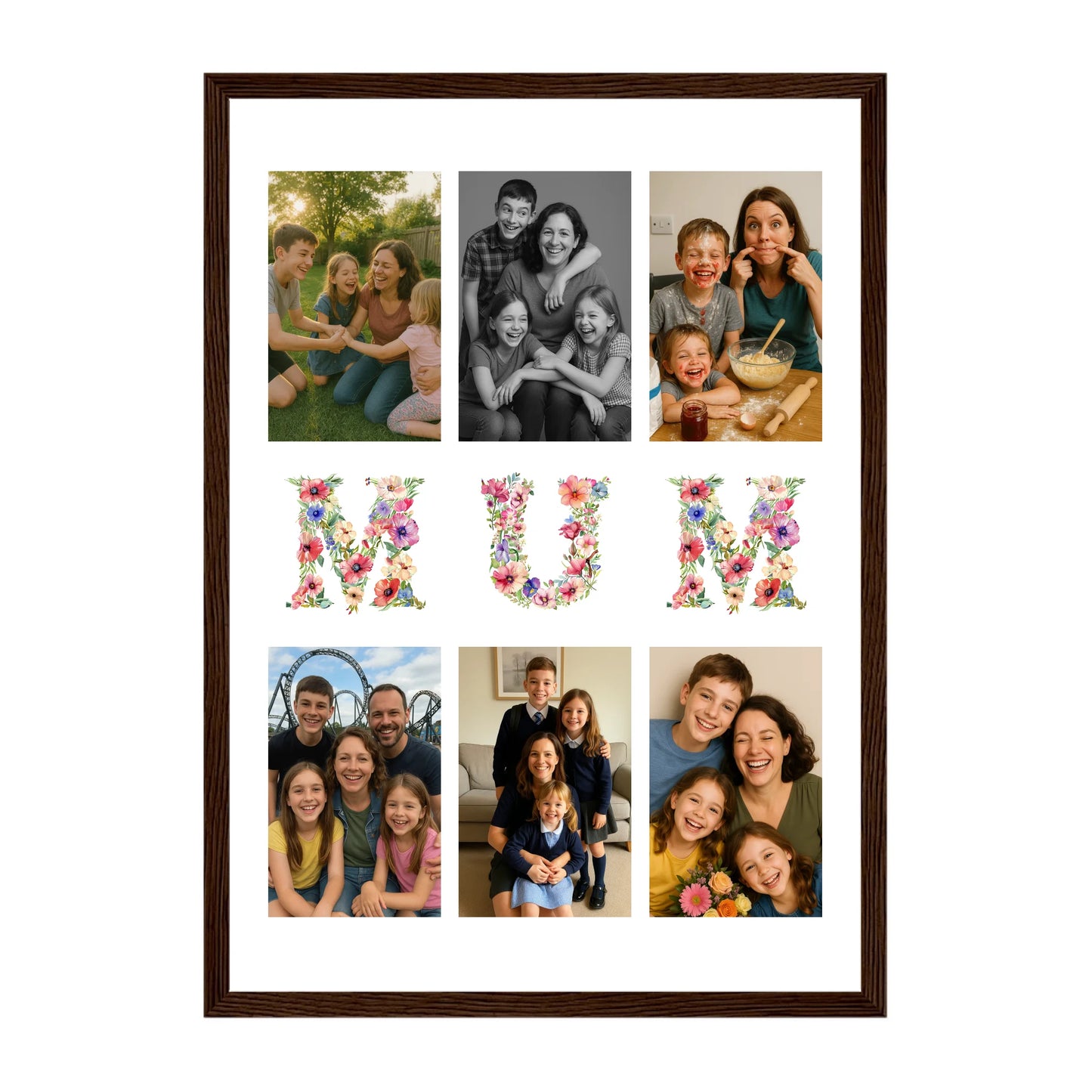 Personalised 6-photo collage framed print with 'Mum' or 'Mam' in vibrant floral text. Dark brown wooden frame.