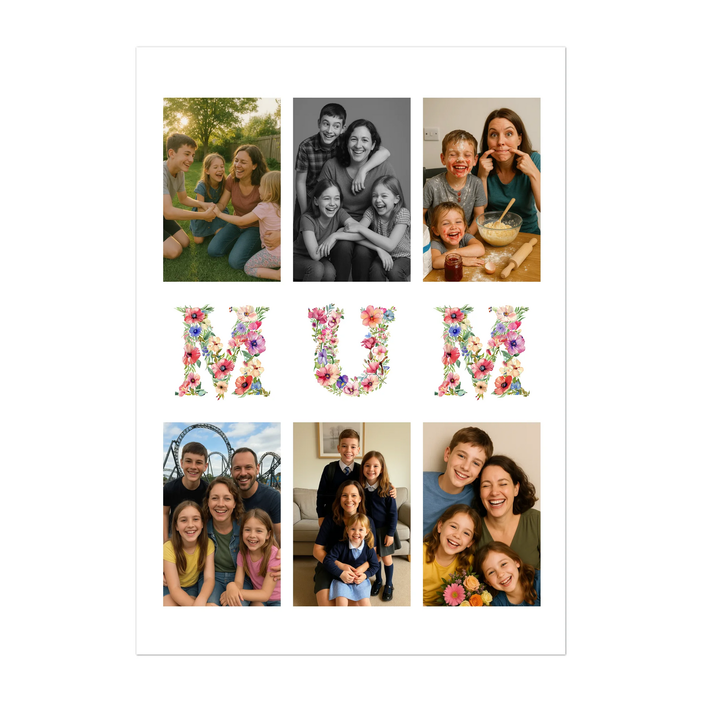 Personalised 6-photo collage poster with 'Mum' or 'Mam' in vibrant floral text. Customisable with uploaded photos.