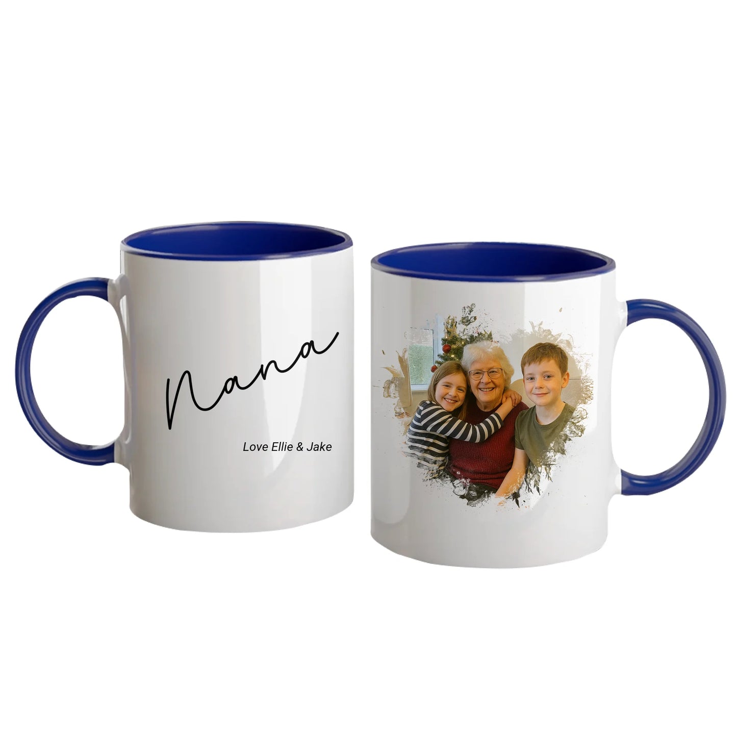 Personalised white mug for grandma or nan, featuring a custom photo in a beautiful heart shape. Choice of gran-related names available. Blue handle and interior.