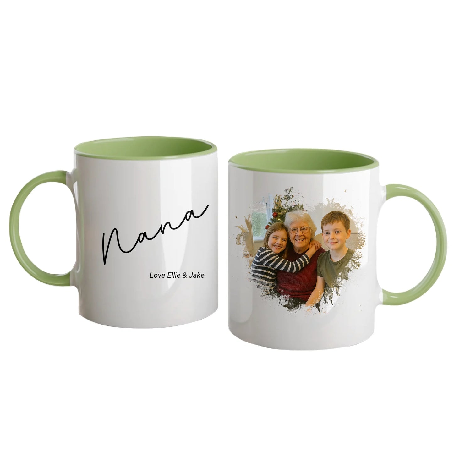 Personalised white mug for grandma or nan, featuring a custom photo in a beautiful heart shape. Choice of gran-related names available. Green handle and interior.