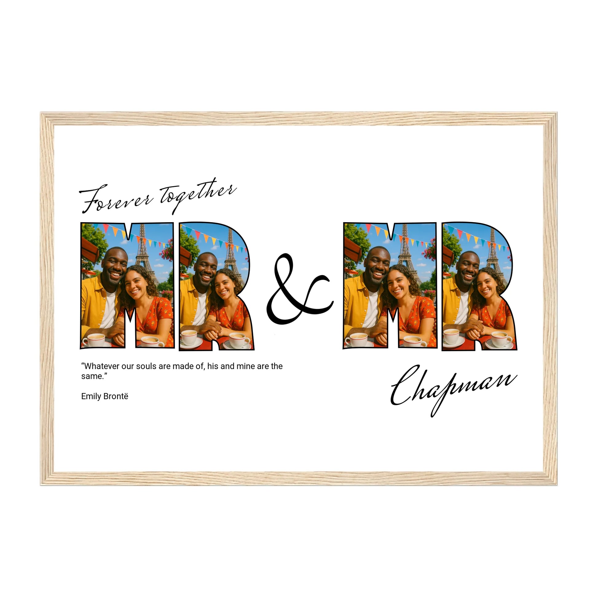 Framed couple photo gift featuring Mr and Mr letter collage with 4 custom photos, “Forever Together” title, surname, and optional quote. Choice of colour schemes and quotes. Natural wooden frame.