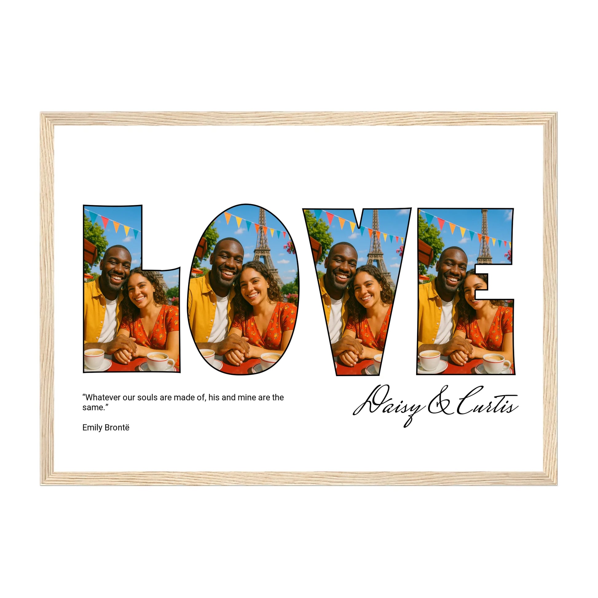 Framed photo gift featuring 'LOVE' letter collage with 4 custom photos, the couple's names, and optional quote. Choice of colour schemes and quotes. Natural wooden frame.