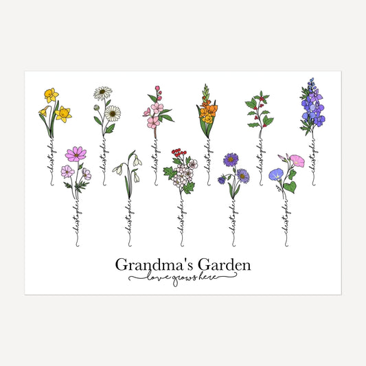 Personalised Grandma's Garden framed print with up to 11 birth flowers, each representing a grandchild. Child’s name forms the stem of their birth flower. Selection of grandma-related names. Instant download file.