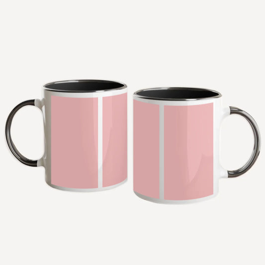 Personalised white mug featuring four custom photo uploads arranged in a vertical column. Black handle and interior.