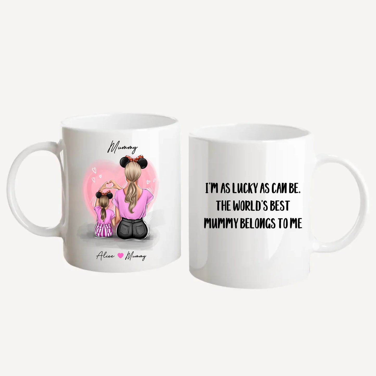 Personalised white mug featuring customisable clipart of a mother and daughter, choice of mum-related title, heartfelt quotes, and names. White handle and interior.