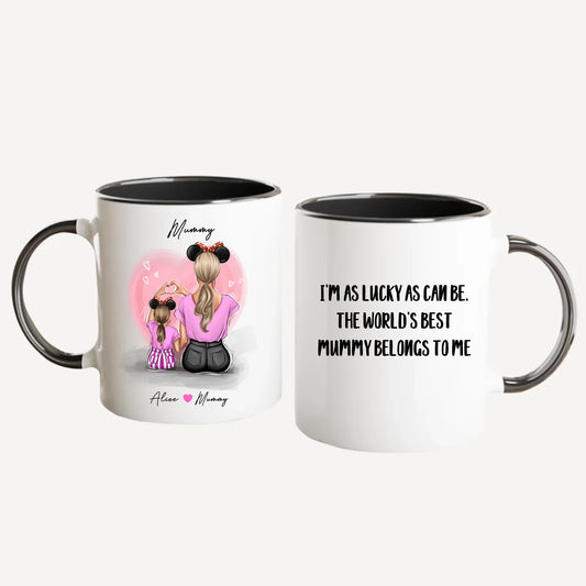 Personalised white mug featuring customisable clipart of a mother and daughter, choice of mum-related title, heartfelt quotes, and names. Black handle and interior.