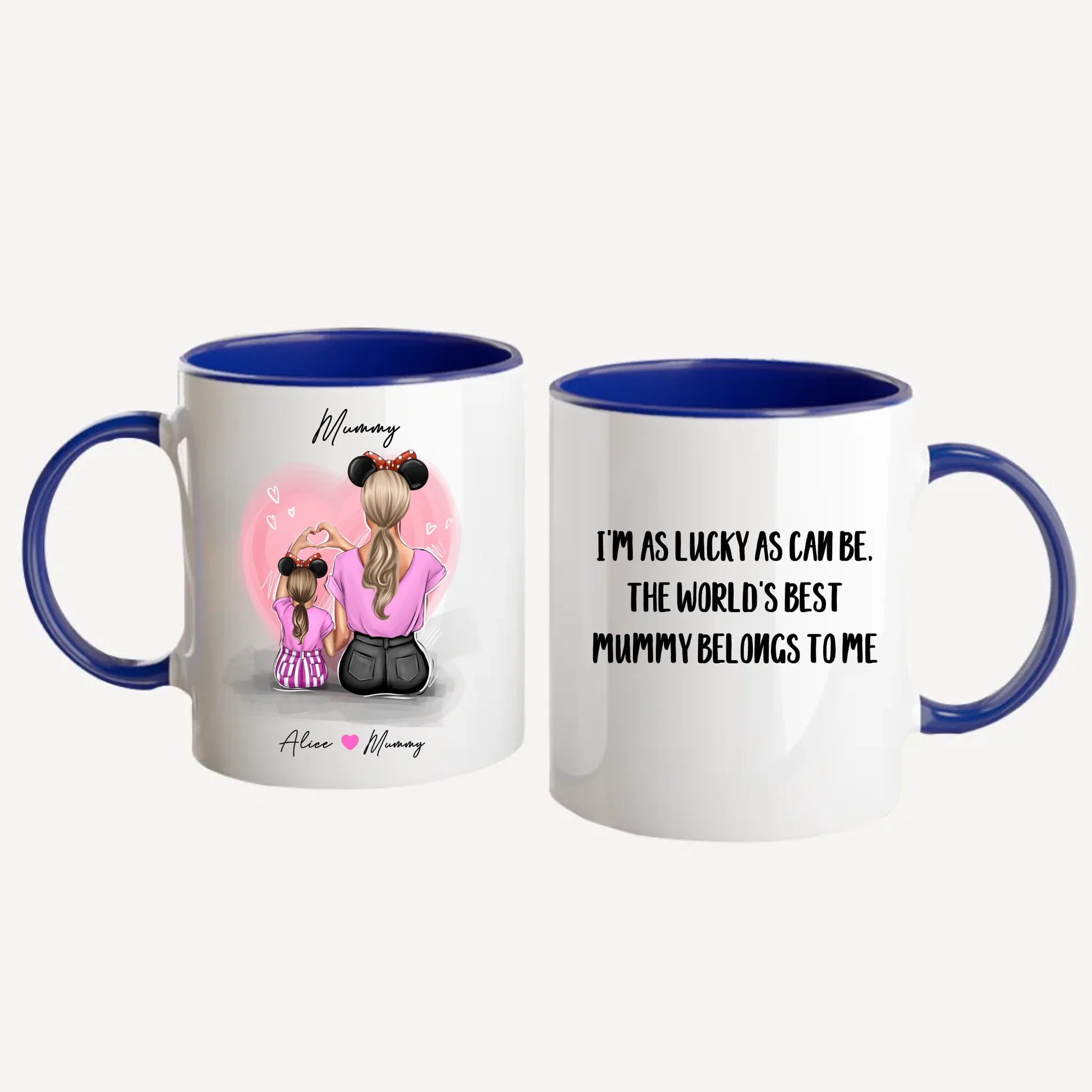 Personalised white mug featuring customisable clipart of a mother and daughter, choice of mum-related title, heartfelt quotes, and names. Blue handle and interior.