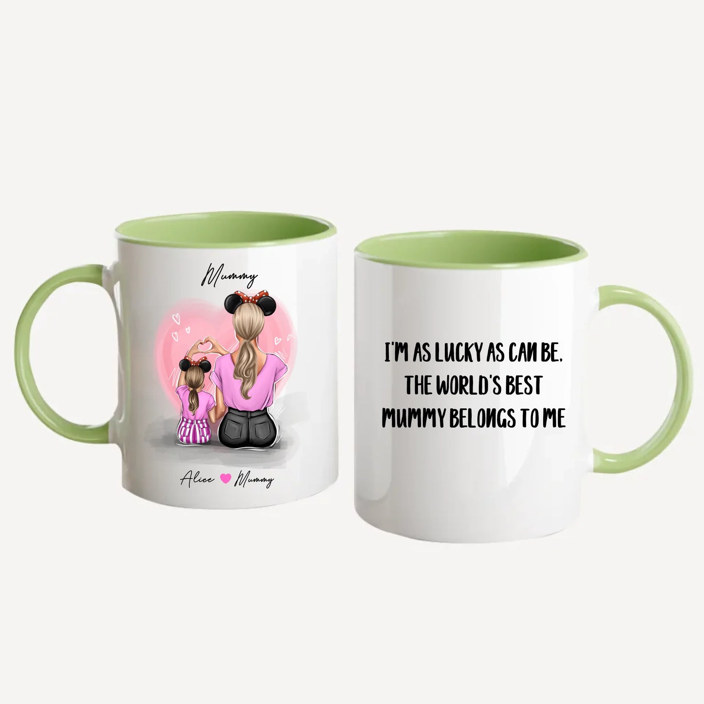 Personalised white mug featuring customisable clipart of a mother and daughter, choice of mum-related title, heartfelt quotes, and names. Green handle and interior.