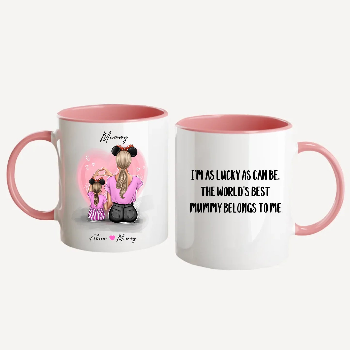 Personalised white mug featuring customisable clipart of a mother and daughter, choice of mum-related title, heartfelt quotes, and names. Pink handle and interior.