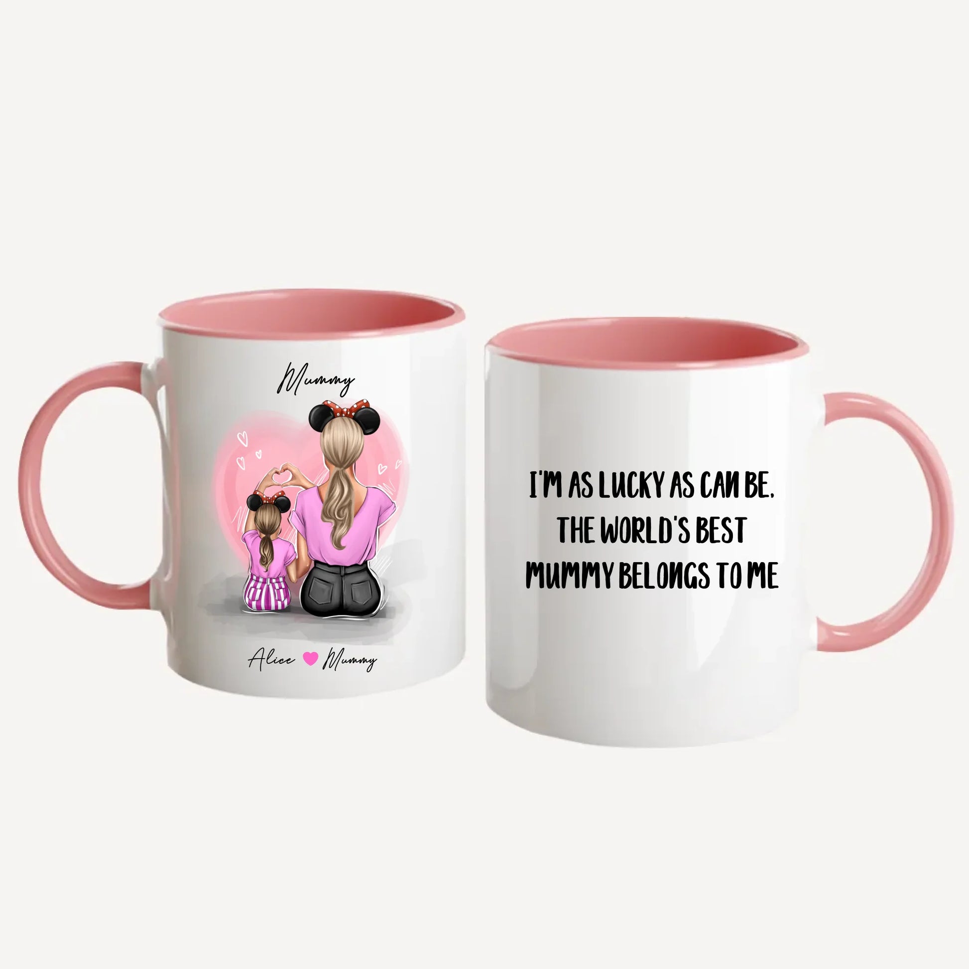 Personalised white mug featuring customisable clipart of a mother and daughter, choice of mum-related title, heartfelt quotes, and names. Pink handle and interior.