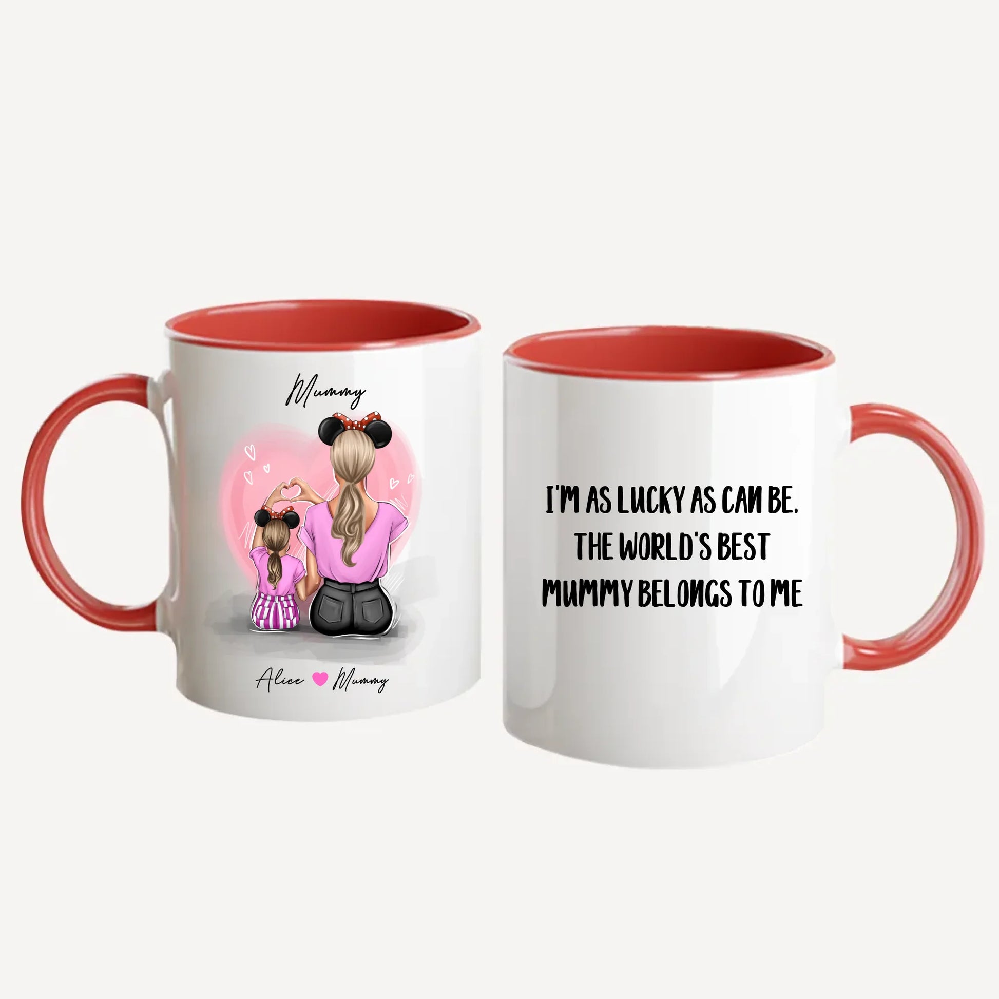 Personalised white mug featuring customisable clipart of a mother and daughter, choice of mum-related title, heartfelt quotes, and names. Red handle and interior.