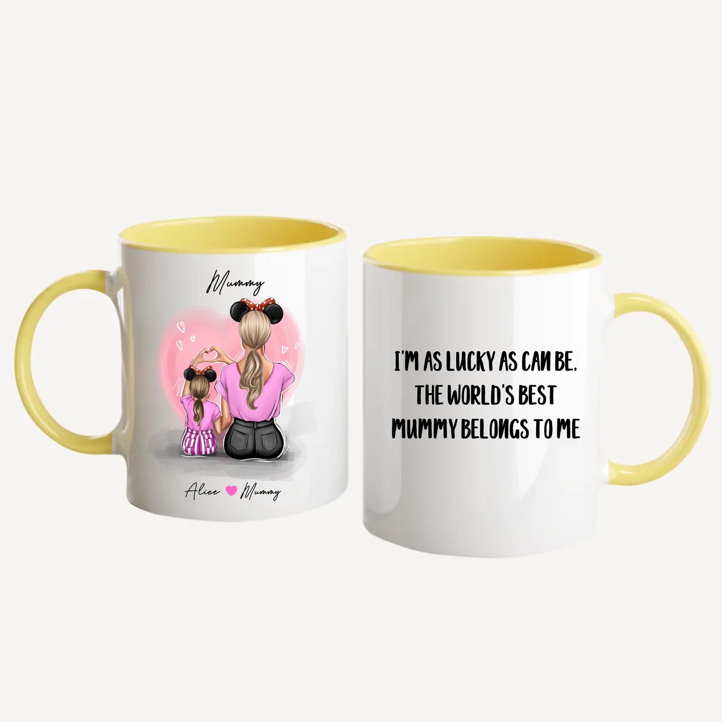 Personalised white mug featuring customisable clipart of a mother and daughter, choice of mum-related title, heartfelt quotes, and names. Yellow handle and interior.