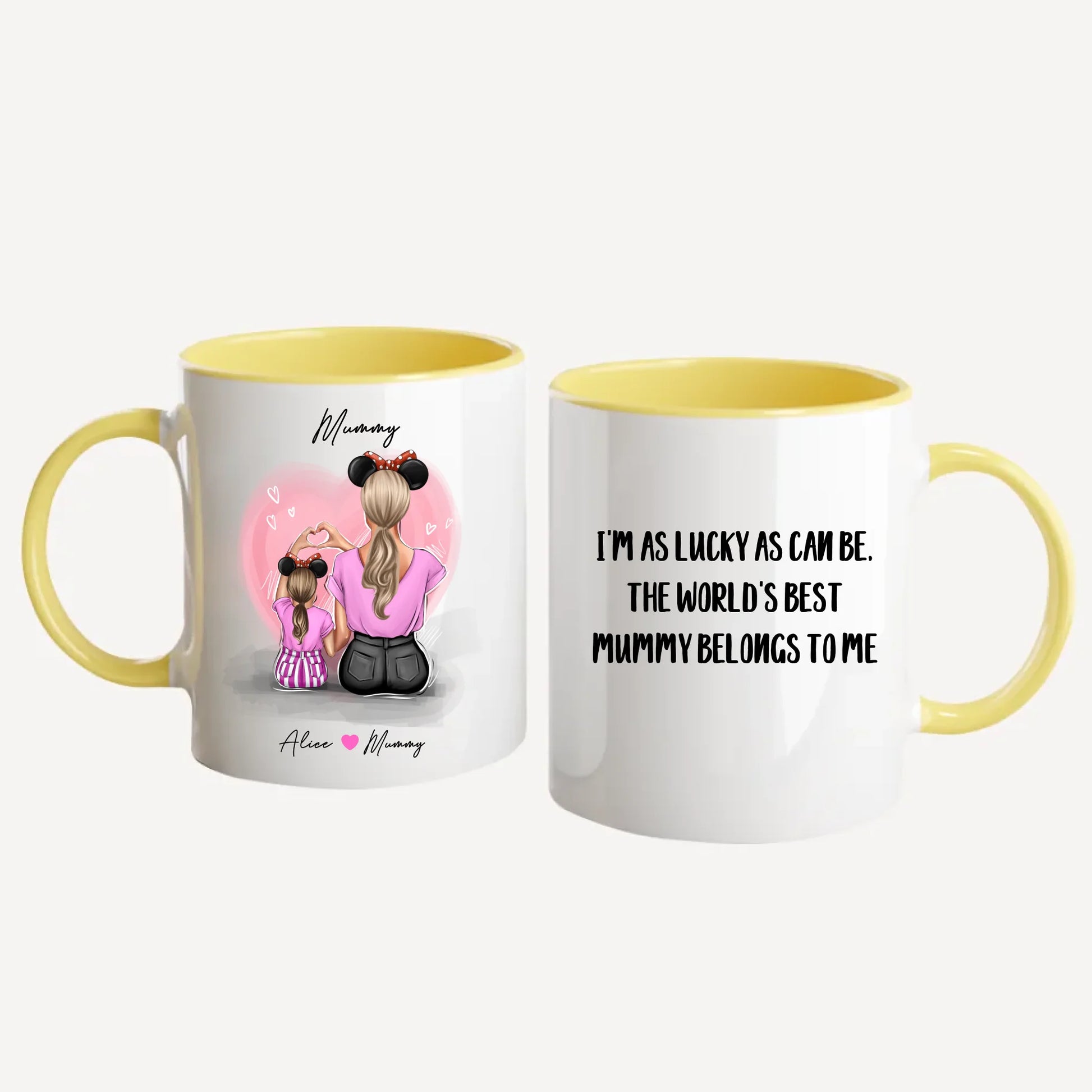 Personalised white mug featuring customisable clipart of a mother and daughter, choice of mum-related title, heartfelt quotes, and names. Yellow handle and interior.