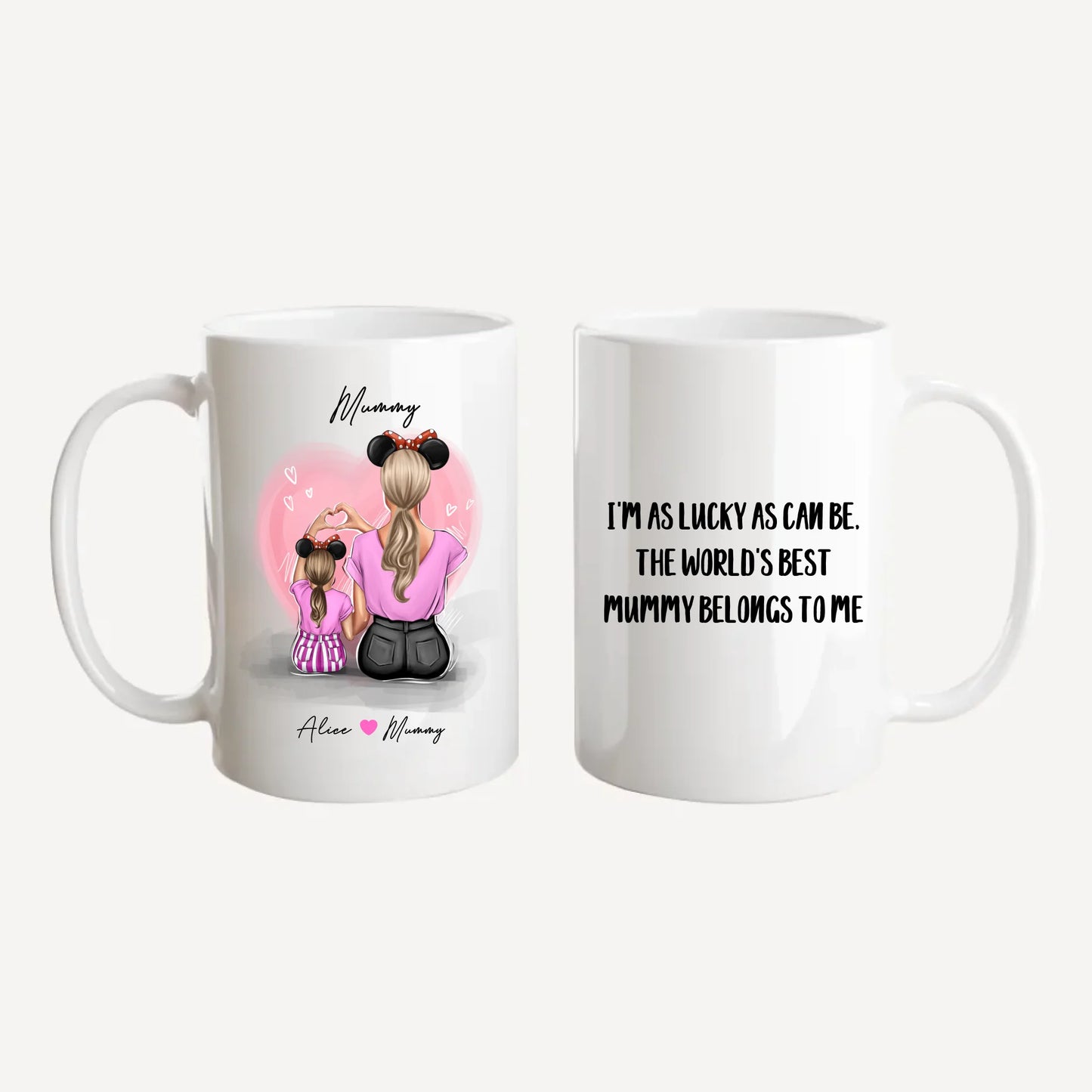 Personalised white jumbo mug featuring customisable clipart of a mother and daughter, choice of mum-related title, heartfelt quotes, and names.