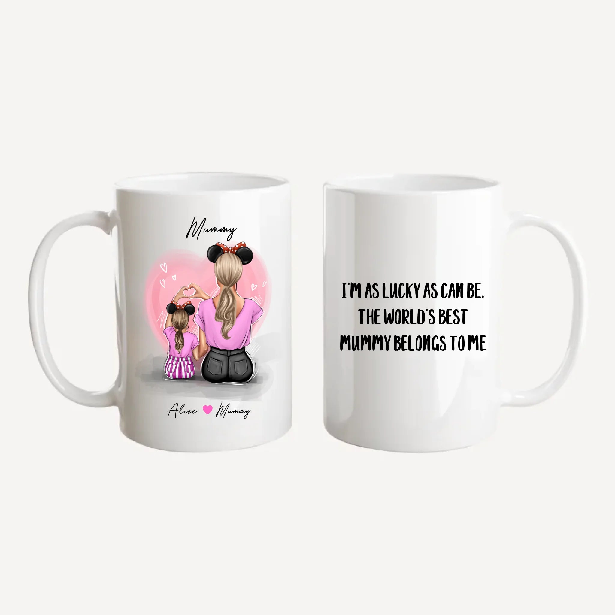 Personalised white jumbo mug featuring customisable clipart of a mother and daughter, choice of mum-related title, heartfelt quotes, and names.