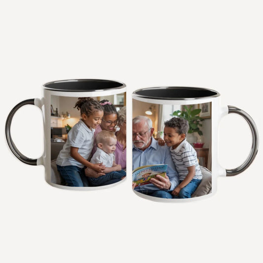 Personalised white mug with a full-wrap custom image. Black handle and interior.