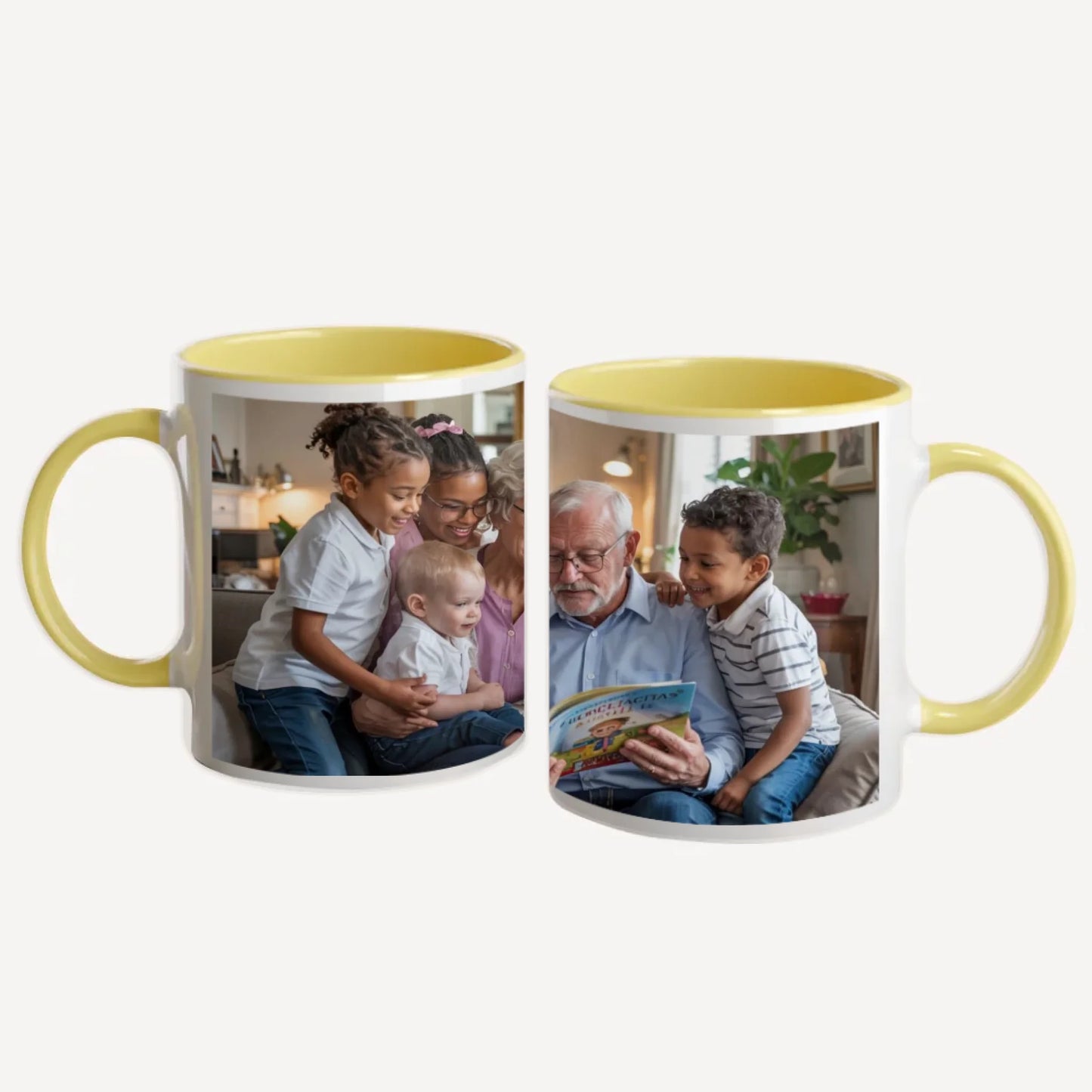 Personalised white mug with a full-wrap custom image. Yellow handle and interior.