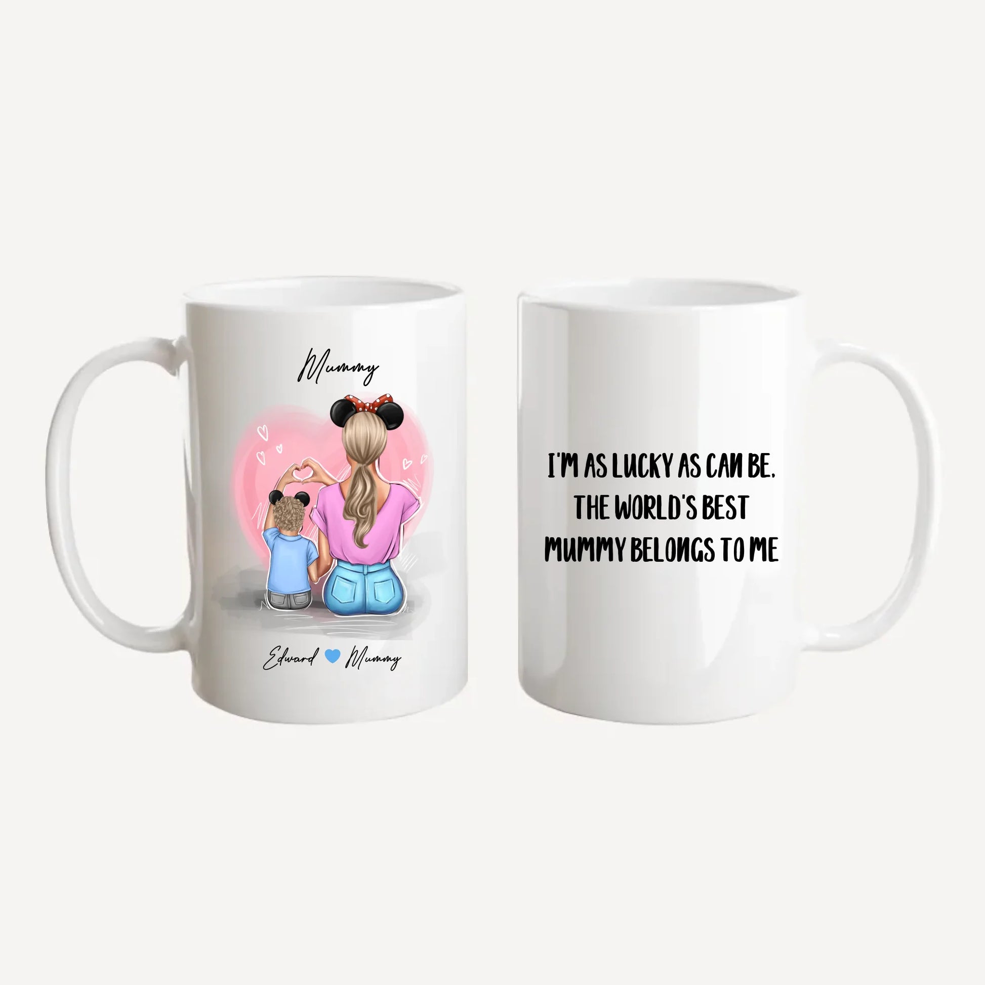 Personalised white jumbo mug featuring customisable clipart of a mother and son, choice of mum-related title, heartfelt quotes, and names.