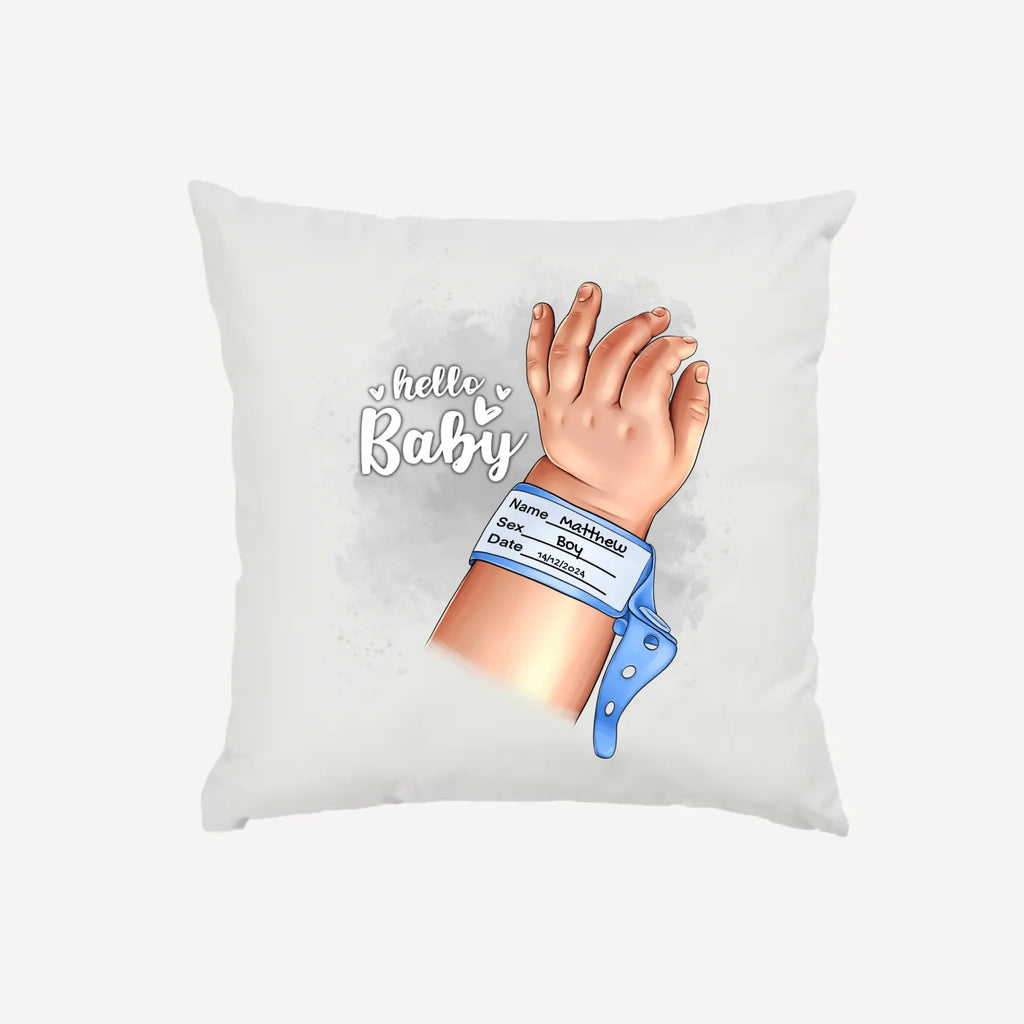 Personalised new baby cushion featuring 'Hello Baby' welcome, custom baby arm clipart with name, gender and birth date. Square Cushion.