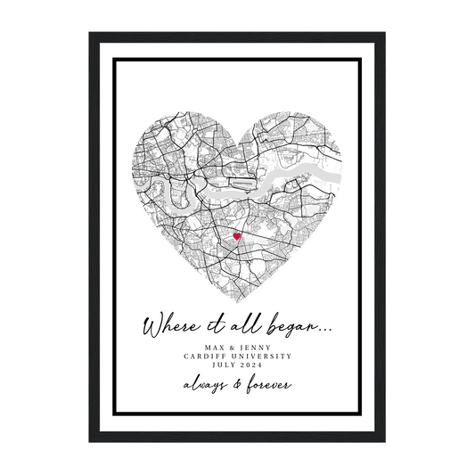 Personalised 'Where It All Began' framed print featuring a heart-shaped city map marking the couple's special meeting location. Customisable with names, location and the date. Presented in a black wooden frame.