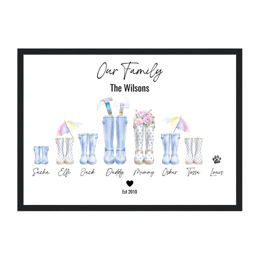 Framed personalised family wellington boot print with up to 8 custom boots (including pets), family name heading, and names beneath. Choice of boot styles, colours, and accessories. Black frame.