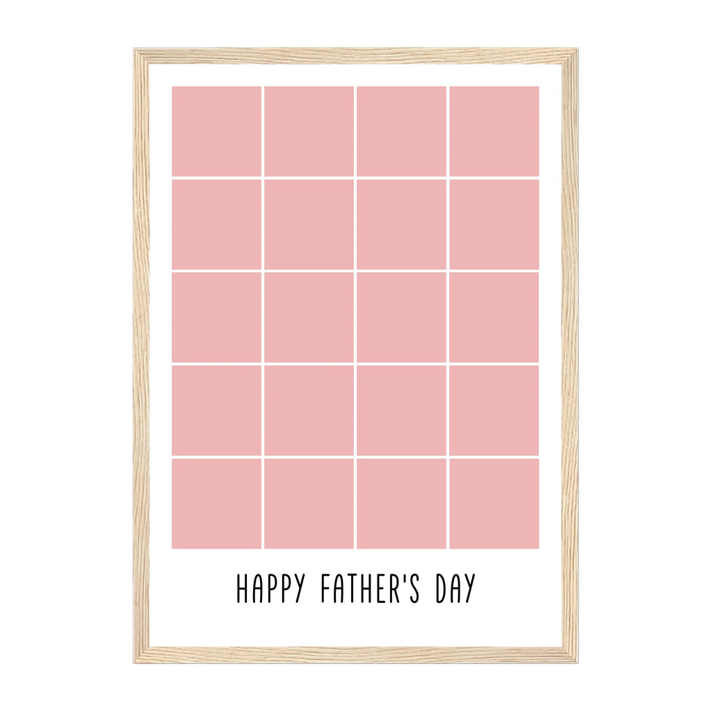Personalised Happy Father's Day framed print with a 20-photo collage. Customisable with uploaded photos. Presented in a natural wooden frame.