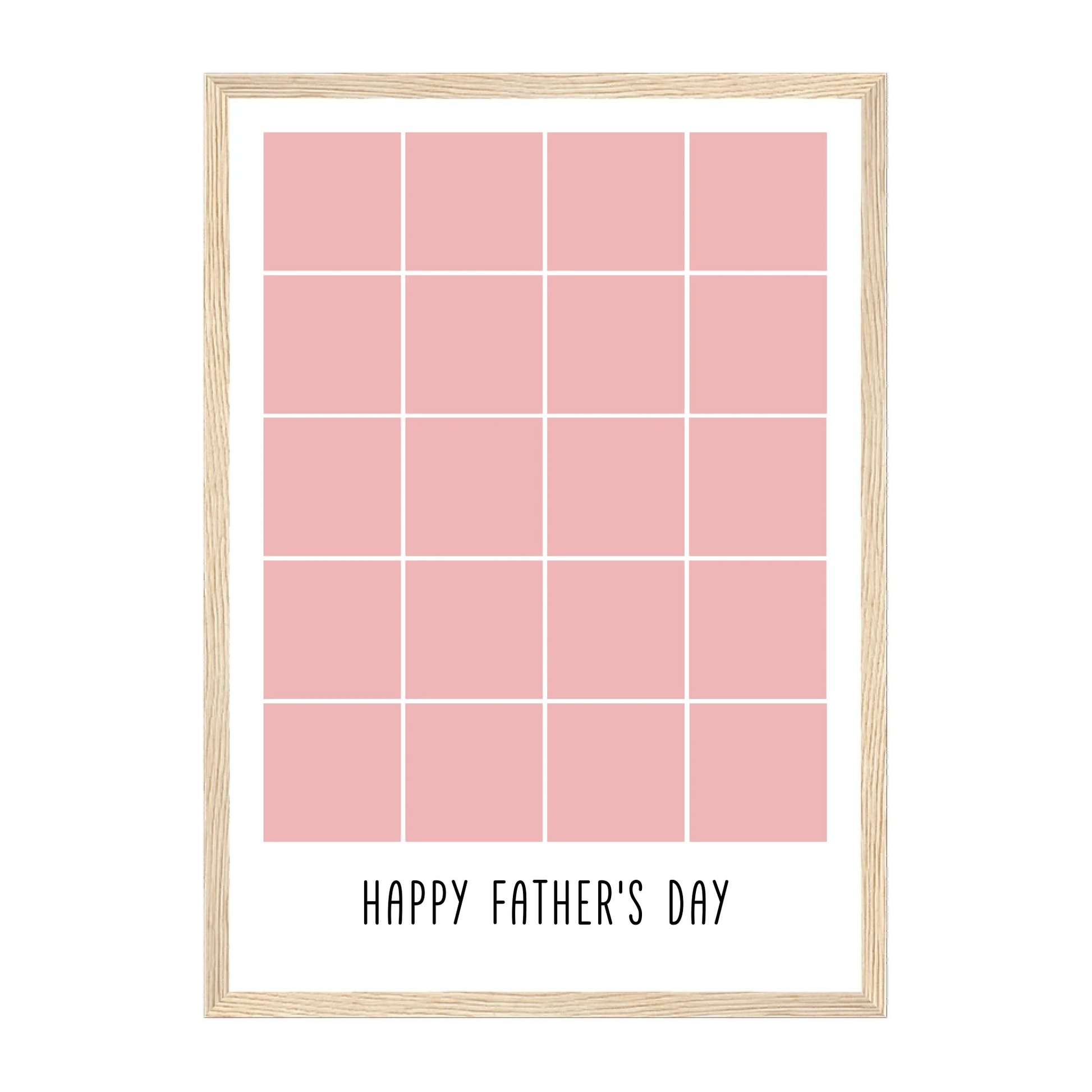 Personalised Happy Father's Day framed print with a 20-photo collage. Customisable with uploaded photos. Presented in a natural wooden frame.