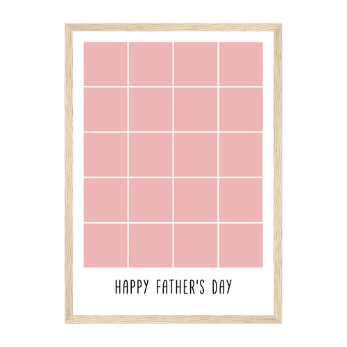 Personalised Happy Father's Day framed print with a 20-photo collage. Customisable with uploaded photos. Presented in a natural wooden frame.