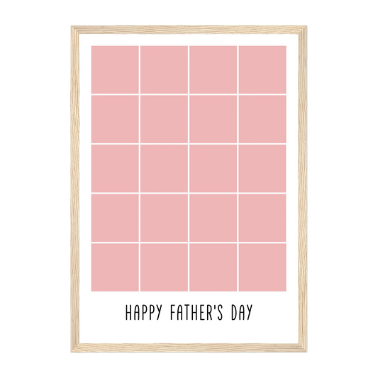 Personalised Happy Father's Day framed print with a 20-photo collage. Customisable with uploaded photos. Presented in a natural wooden frame.