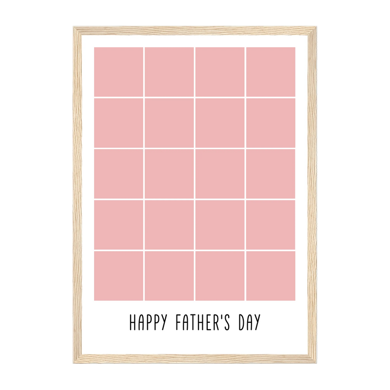 Personalised Happy Father's Day framed print with a 20-photo collage. Customisable with uploaded photos. Presented in a natural wooden frame.