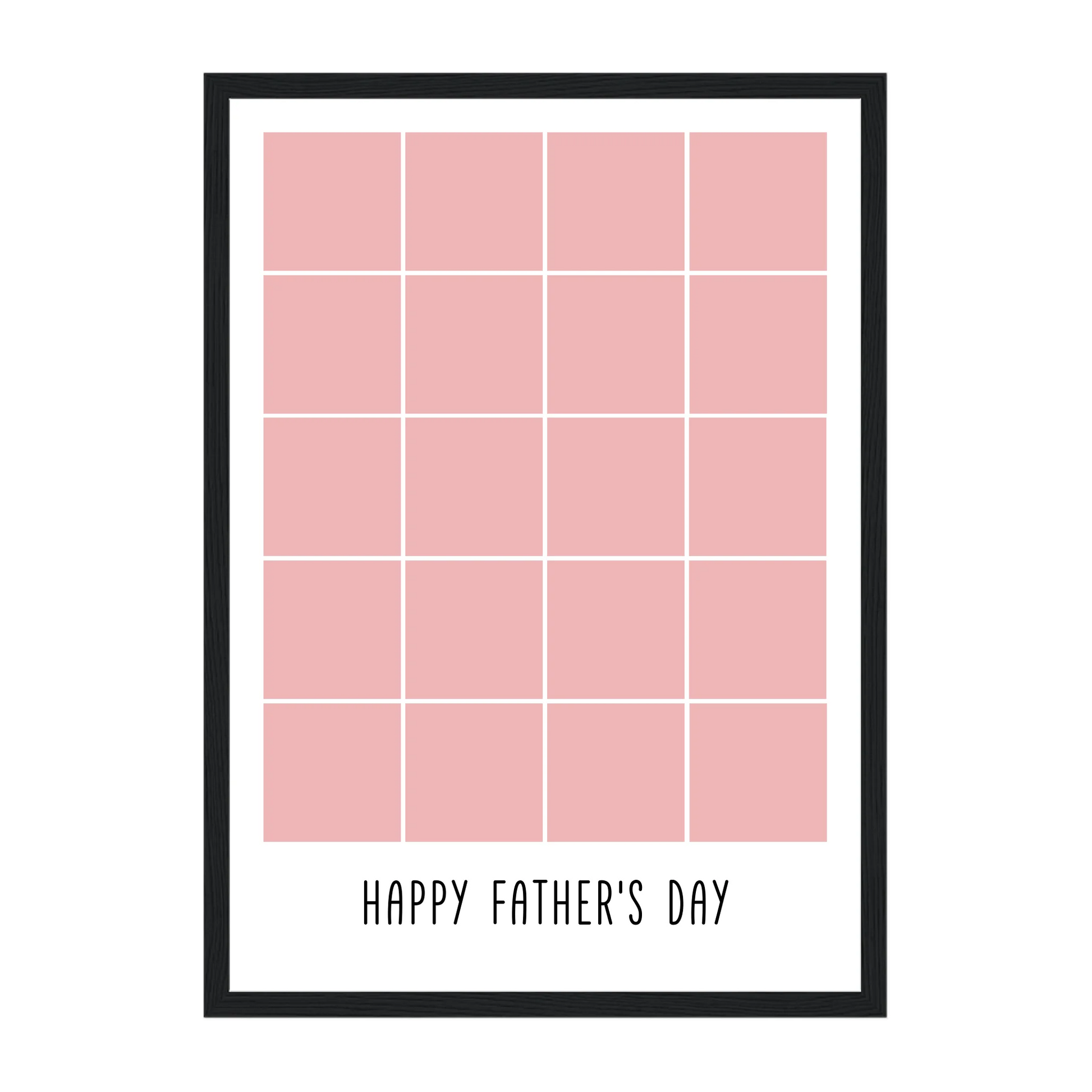 Personalised Happy Father's Day framed print with a 20-photo collage. Customisable with uploaded photos. Presented in a black wooden frame.