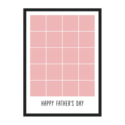 Personalised Happy Father's Day framed print with a 20-photo collage. Customisable with uploaded photos. Presented in a black wooden frame.