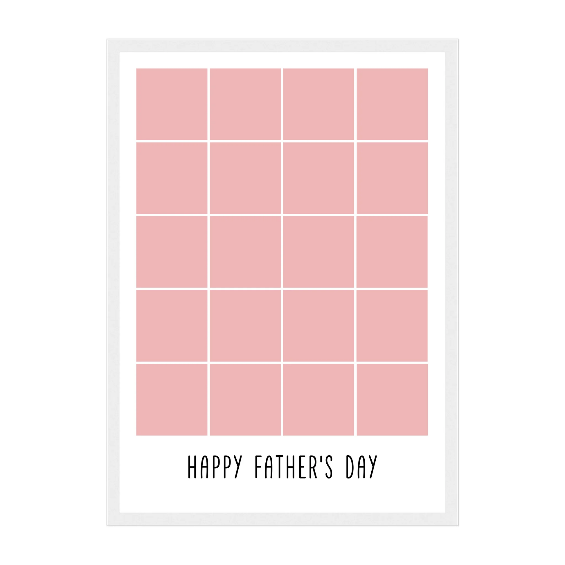Personalised Happy Father's Day framed print with a 20-photo collage. Customisable with uploaded photos. Presented in a white wooden frame.