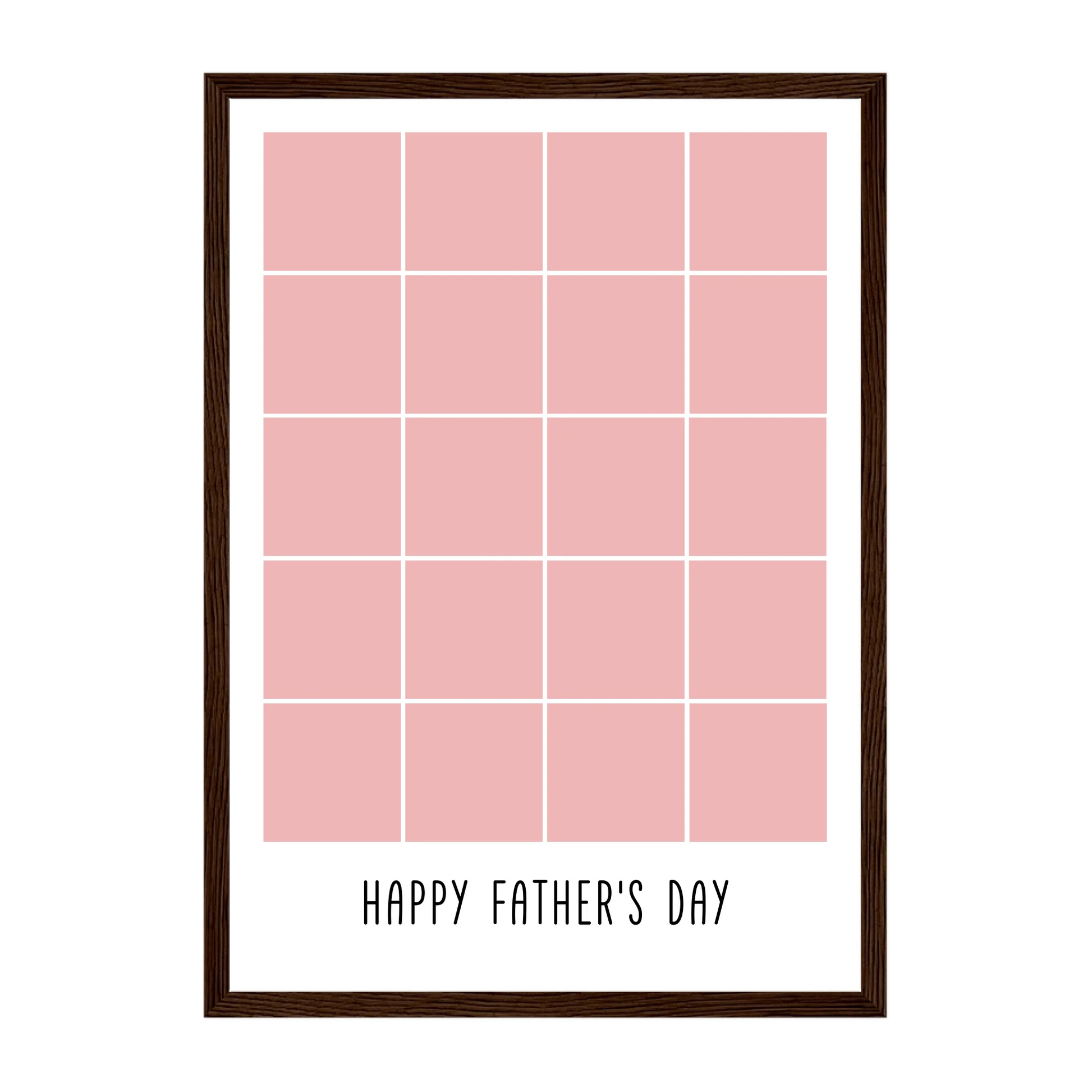 Personalised Happy Father's Day framed print with a 20-photo collage. Customisable with uploaded photos. Presented in a dark brown wooden frame.