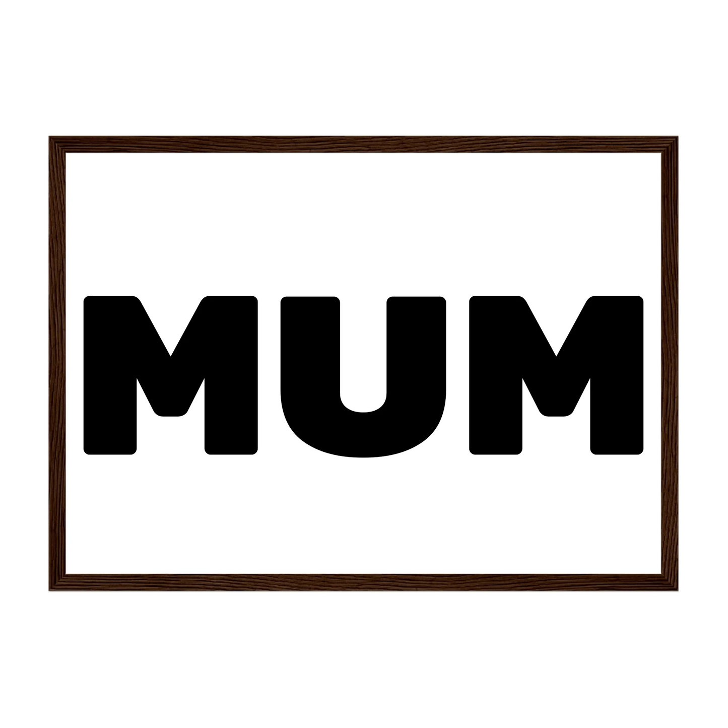 Personalised Mum or Mam photo framed print with three image uploads arranged in the shape of 'MUM' or 'MAM'. Dark brown wooden frame.