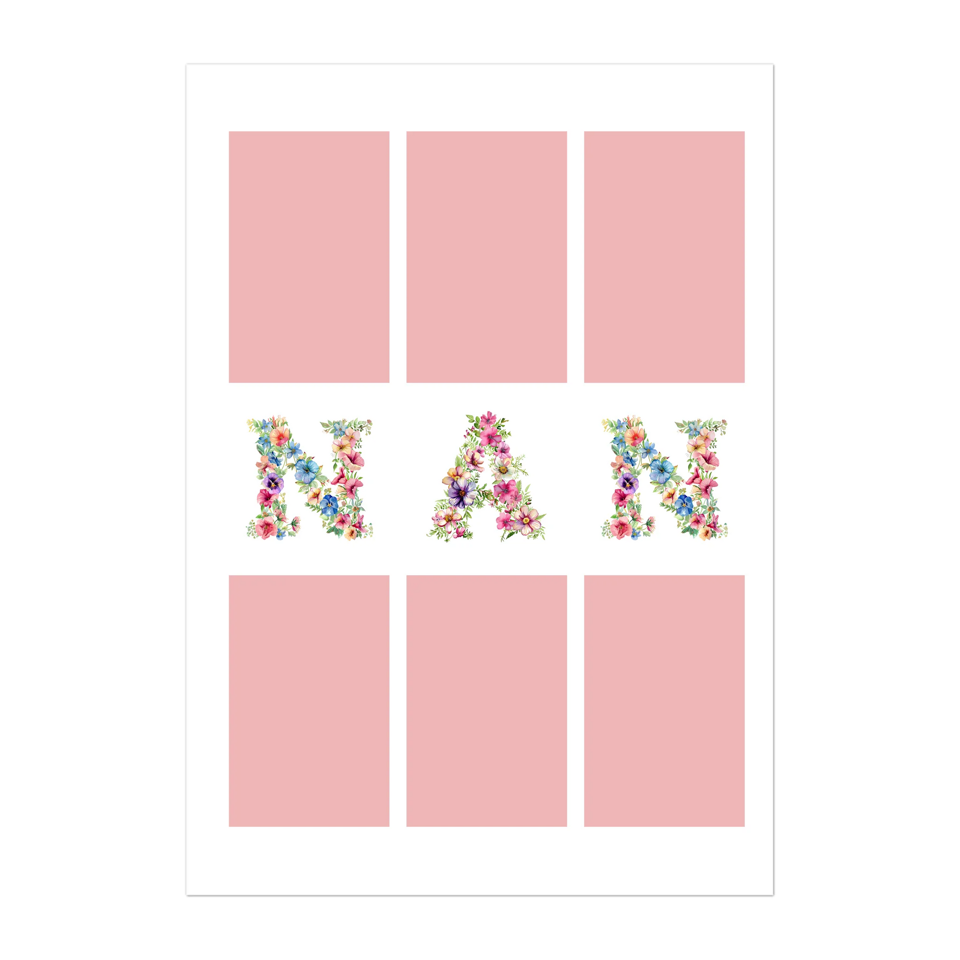 Personalised 6-photo collage digital print with 'Gran' or 'Nan' in vibrant floral text. Instant download file.