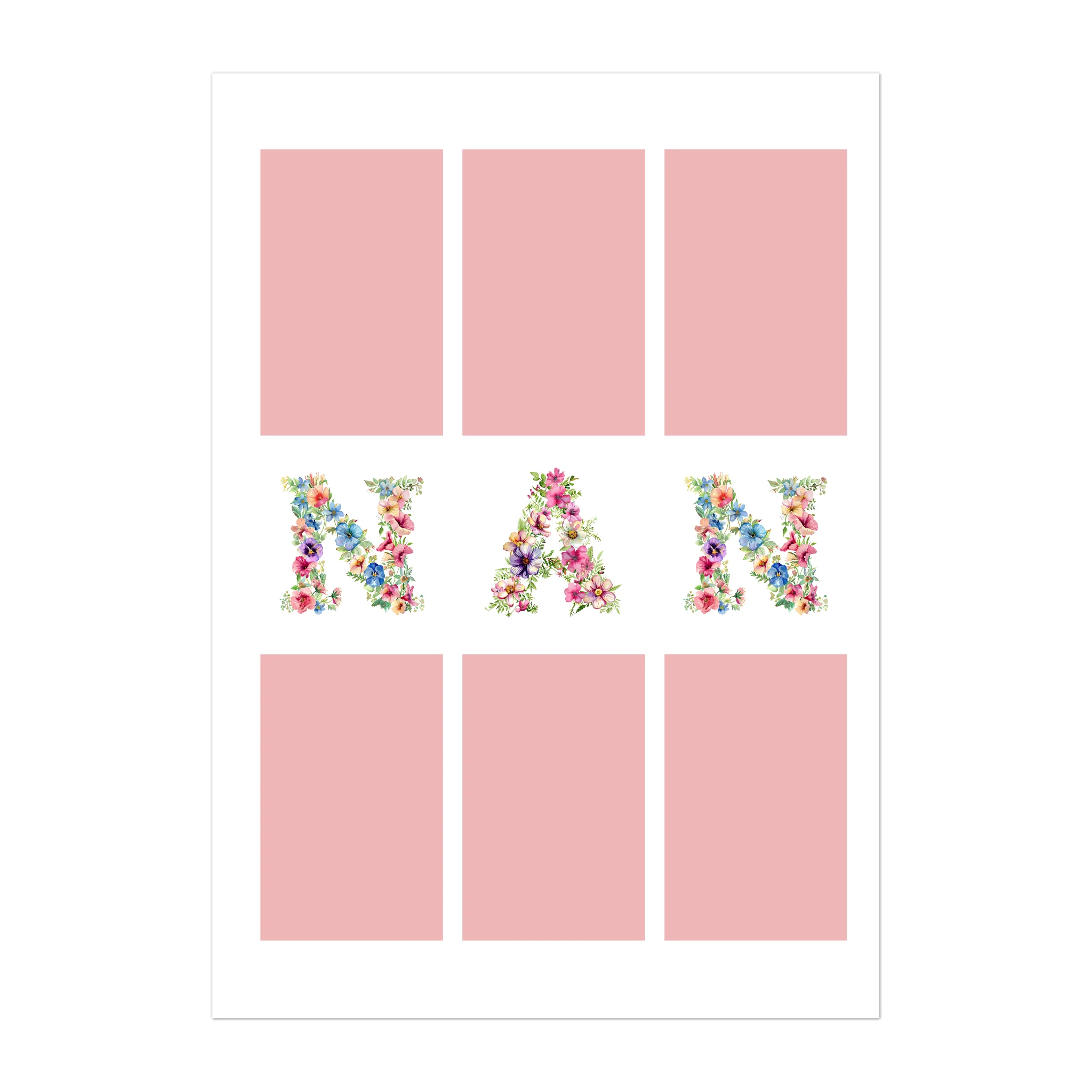 Personalised 6-photo collage digital print with 'Gran' or 'Nan' in vibrant floral text. Instant download file.
