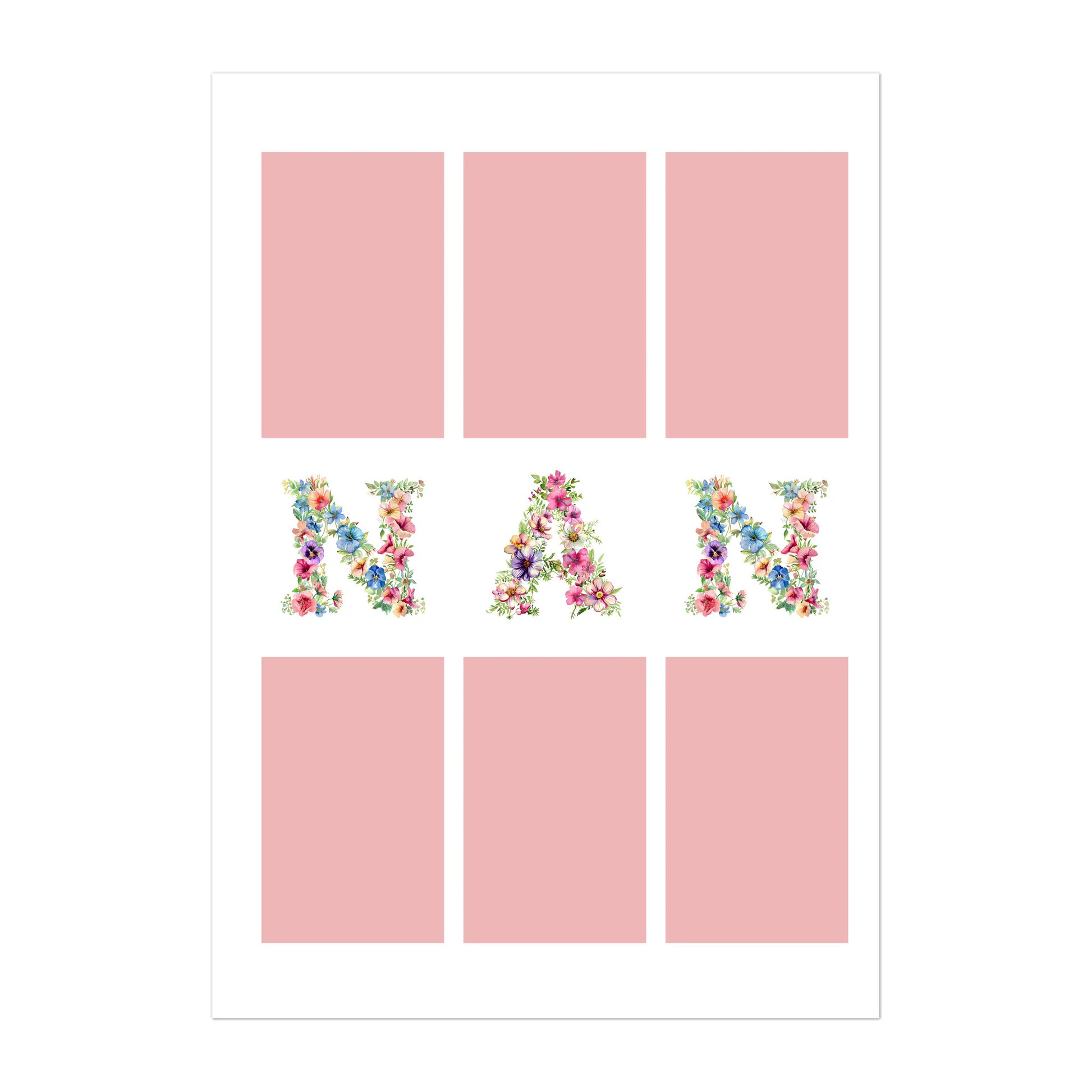 Personalised 6-photo collage poster with 'Gran' or 'Nan' in vibrant floral text. Customisable with uploaded photos.