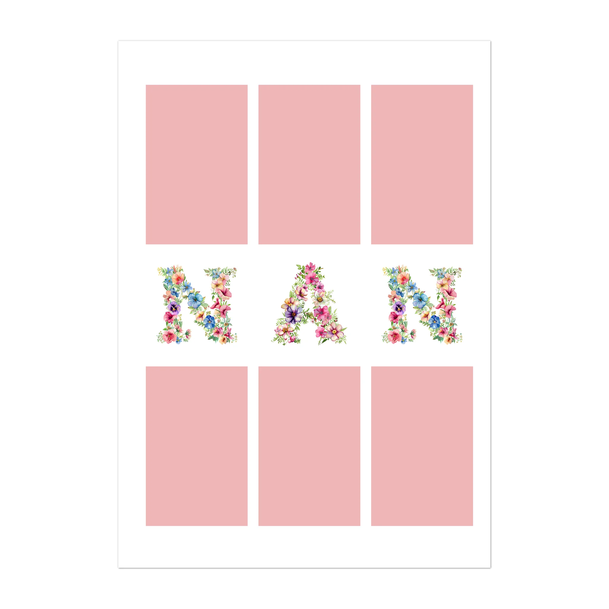 Personalised 6-photo collage poster with 'Gran' or 'Nan' in vibrant floral text. Customisable with uploaded photos.