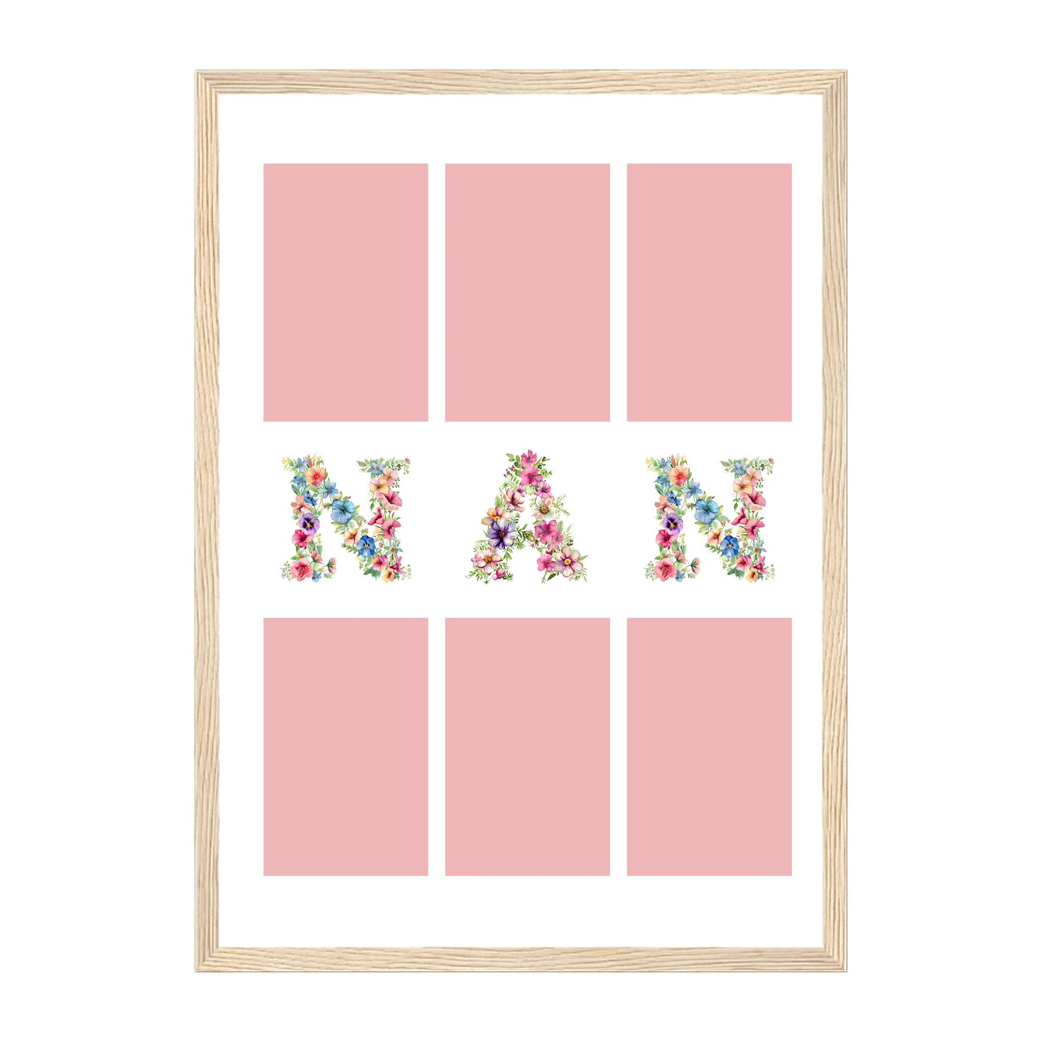 Personalised 6-photo collage framed print with 'Gran' or 'Nan' in vibrant floral text. Natural wooden frame.