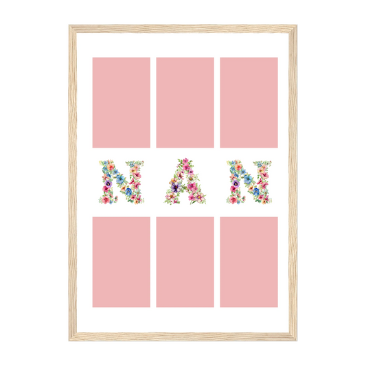 Personalised 6-photo collage framed print with 'Gran' or 'Nan' in vibrant floral text. Natural wooden frame.