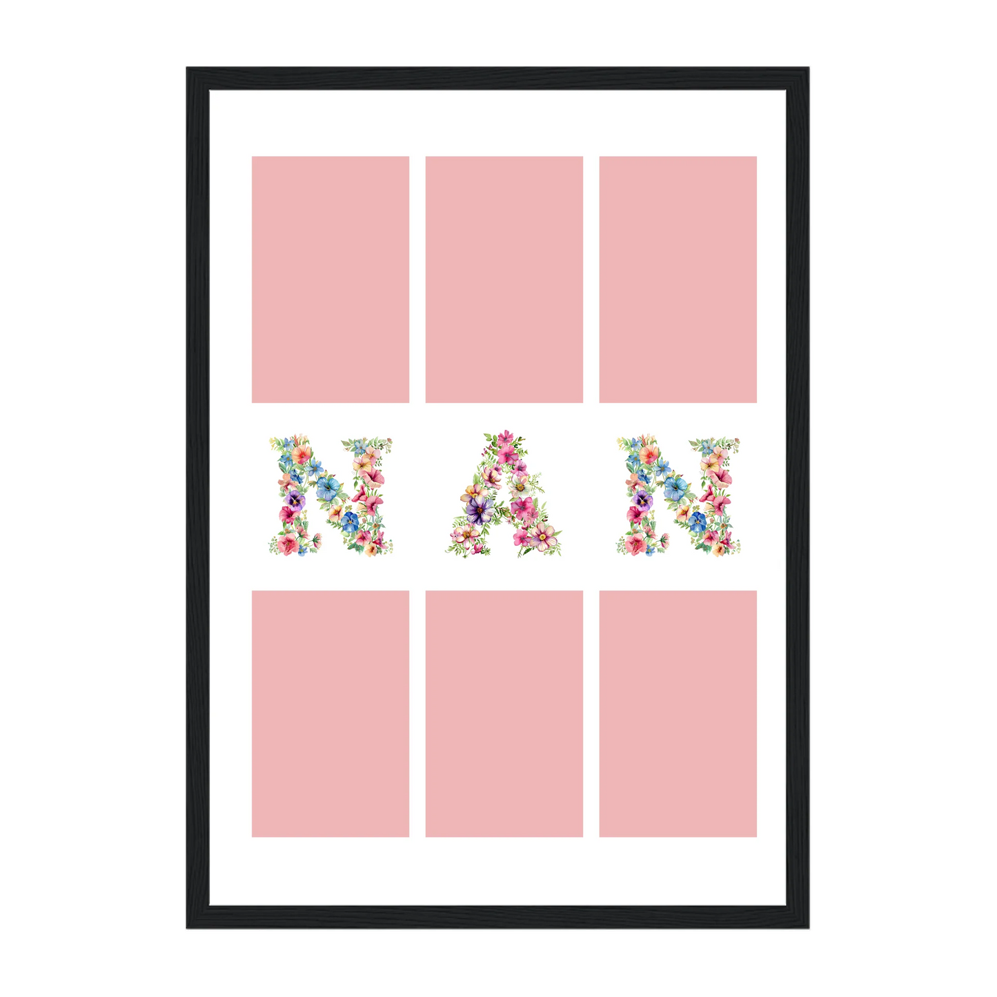 Personalised 6-photo collage framed print with 'Gran' or 'Nan' in vibrant floral text. Black wooden frame.