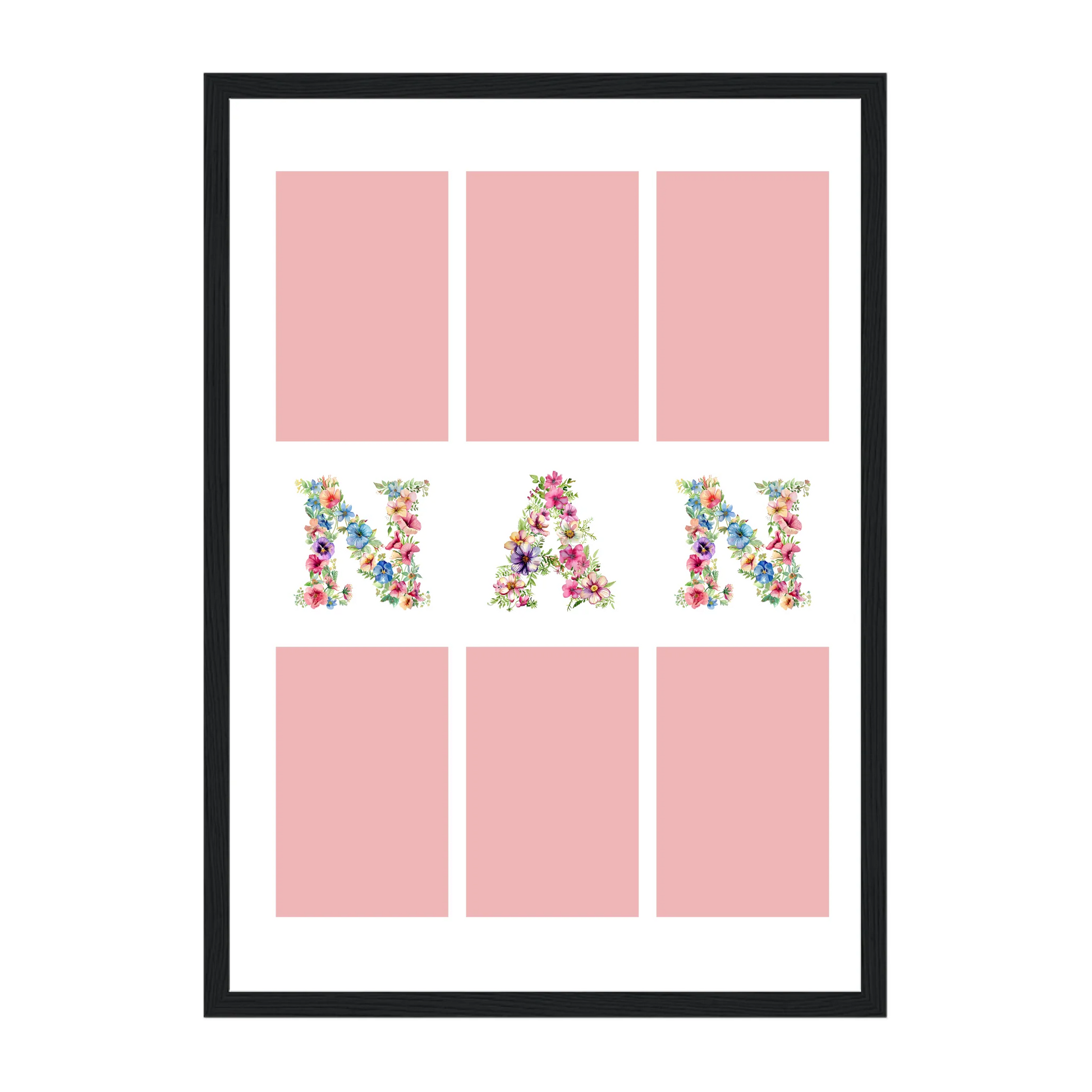 Personalised 6-photo collage framed print with 'Gran' or 'Nan' in vibrant floral text. Black wooden frame.