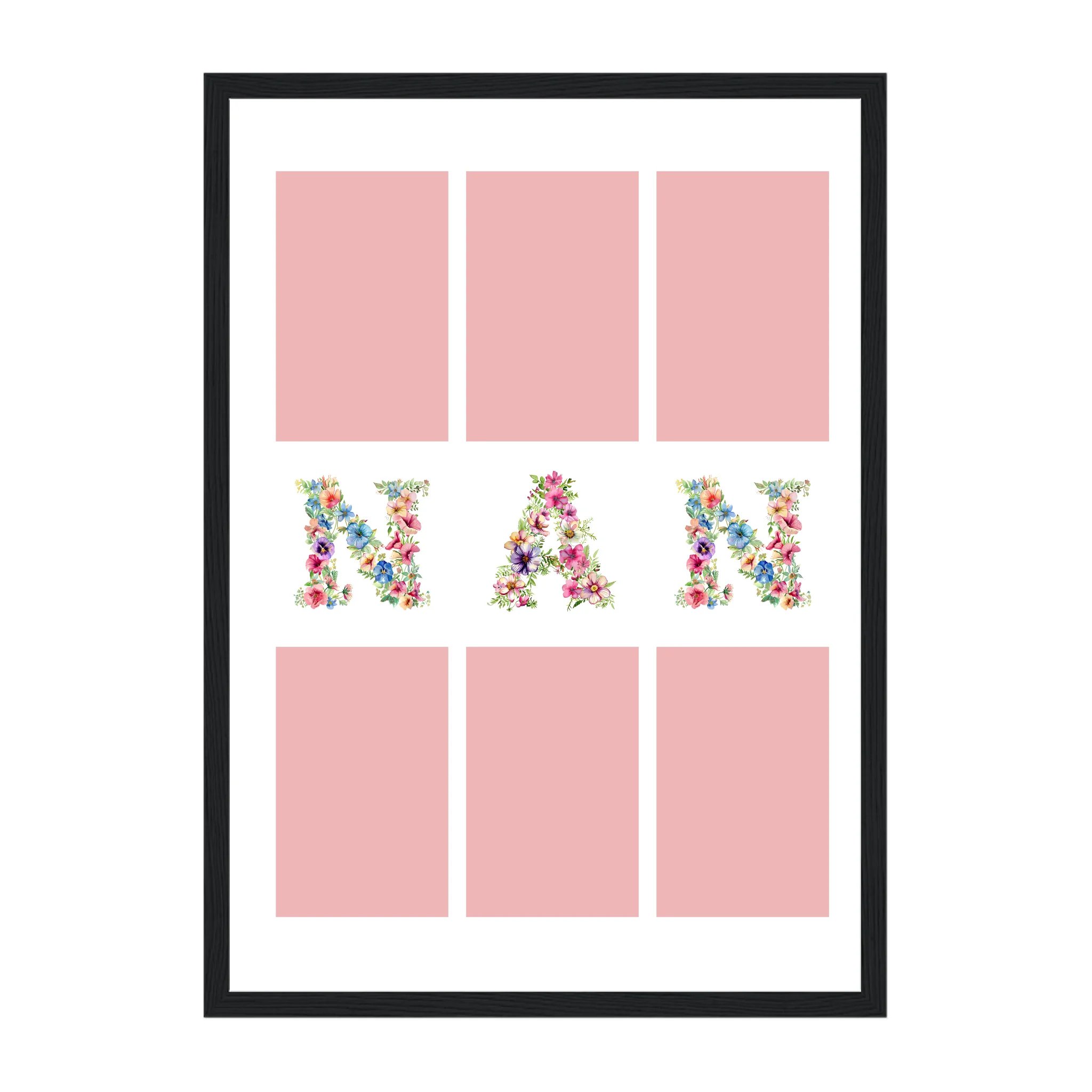 Personalised 6-photo collage framed print with 'Gran' or 'Nan' in vibrant floral text. Black wooden frame.