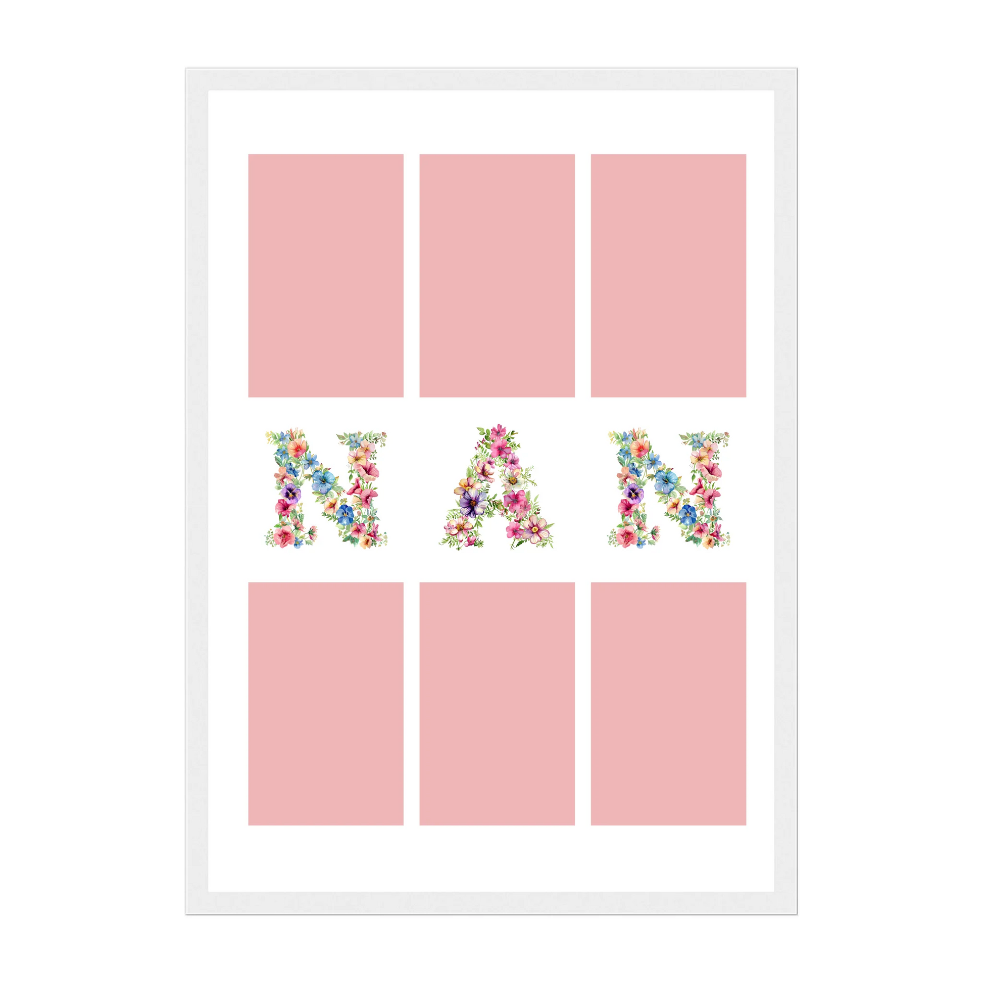 Personalised 6-photo collage framed print with 'Gran' or 'Nan' in vibrant floral text. White wooden frame.