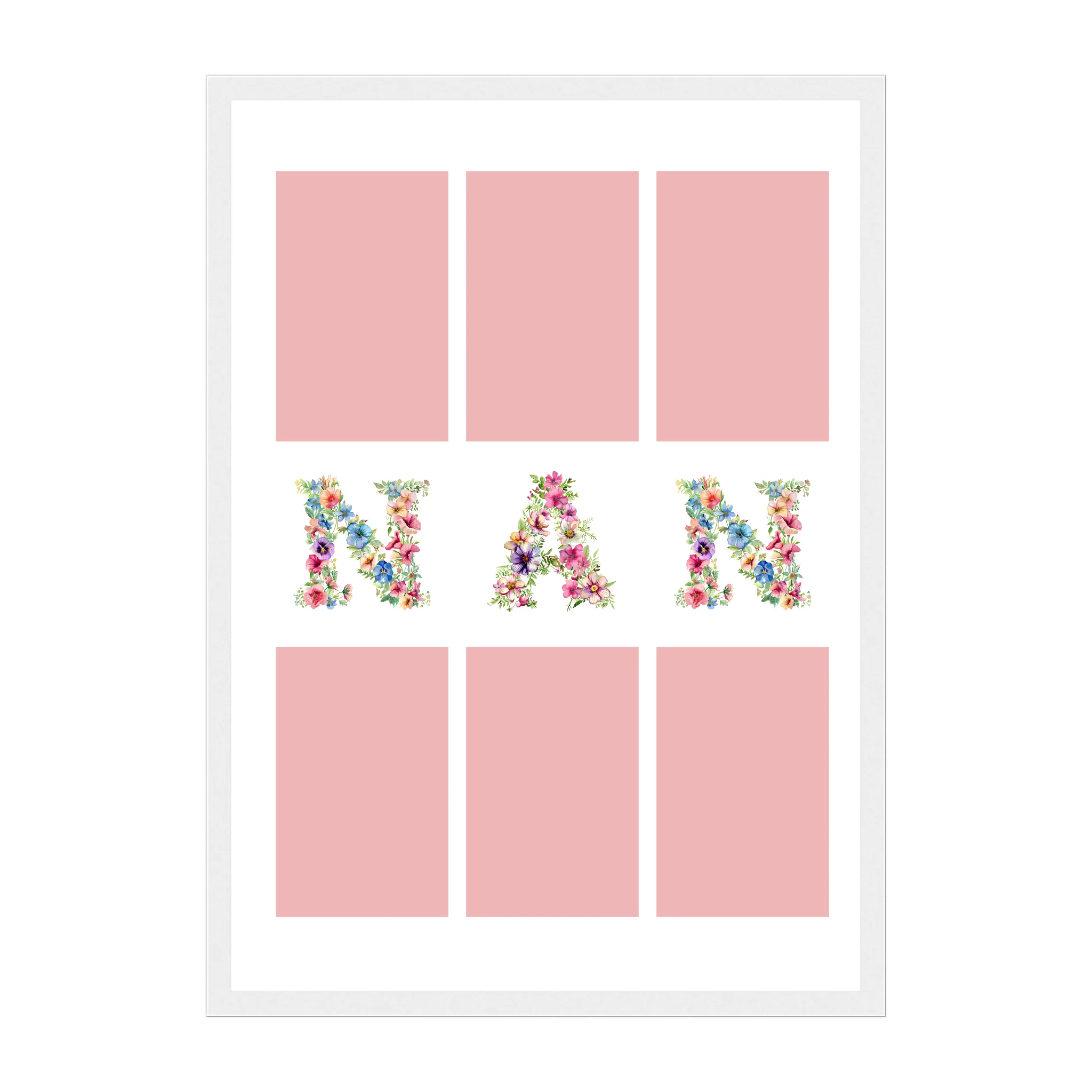 Personalised 6-photo collage framed print with 'Gran' or 'Nan' in vibrant floral text. White wooden frame.